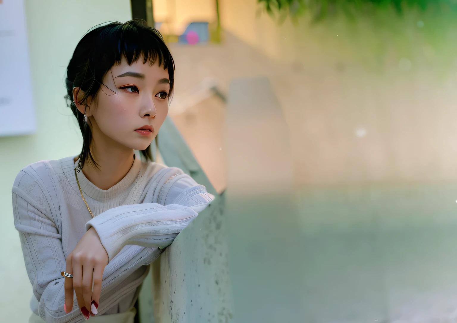 there is a woman that is leaning against a wall，Rest your arms against the wall, cover photo portrait of du juan, A young Asian woman, Soft portrait shot 8 K, The woman with short hair, portrait shooting, inspired by Zhang Xiaogang, hime-cut, Highlight, xue han, Inspired by Zou Yigui, Pink roses in hand