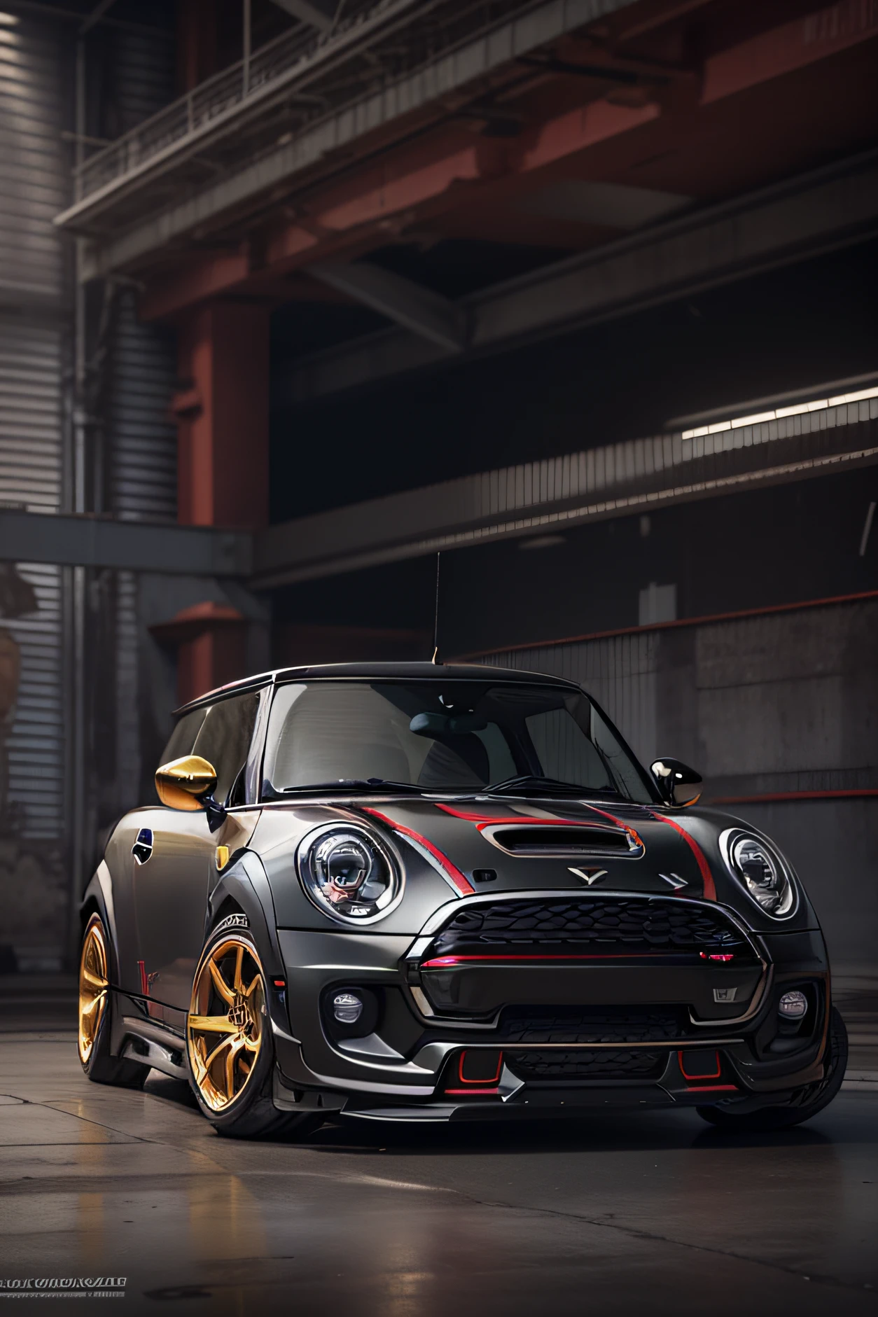 yasid design arafed mini cooper cooper s, ultra wide body, add carbon fibre aero body kit on front bumper. add large carbon fibre wing on rear boot lid, epic stance, mini cooper, perfect render, 3 d hyper realistic render, hyper realistic 3 d render, hyper realistic render, hyper real render, stunning render, mini cooper s, breathtaking render, hyper-realistic render, hyper - realistic render, Generate an ultra-high definition 8k image capturing a view of dark grey Mini Cooper S. wide body kit. aero bodykit. epic stance, gold mag wheels. aggressive stance -- background inside old manufacturing building, deep field of view, multiple large windows with natural light, large compass on wall, gold, red and black accents