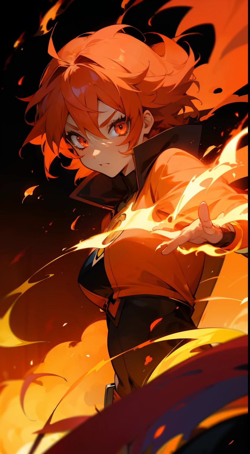 Anime art A super hero with flames in hamd and a fantastic background with fire and flamed ashes ,8k