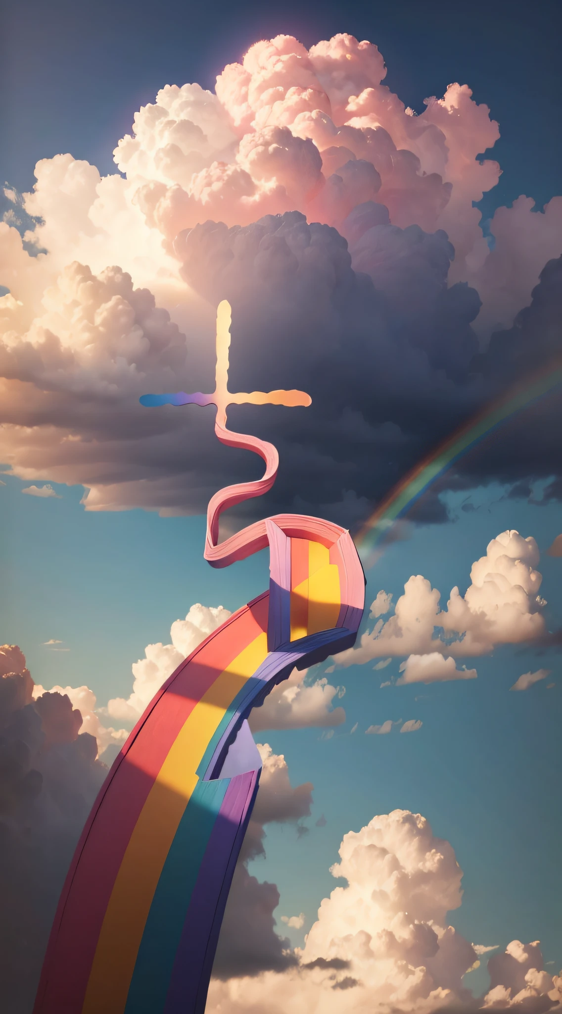 Rainbow,Masterpiece,Best quality.Pink cloud background,Light and shadow art