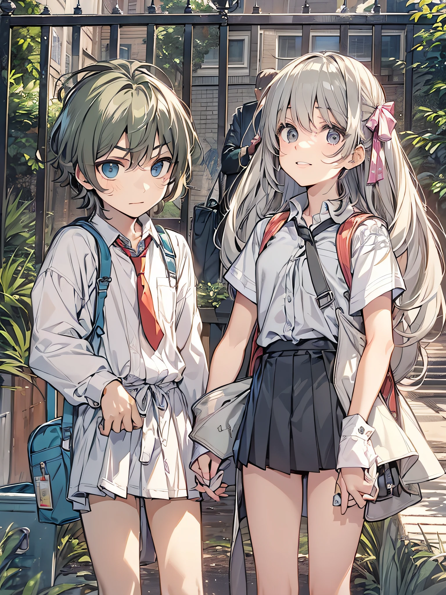 I fell in love with her, but she was a man's daughter. (Best quality), (masterpiece), (realistic), (photorealistic), ultra-detailed, (A boy like a girl:1.8), Transgender, transvestite, and male daughter, a Japanese boy like a girl, smiles, (It's not a girl, not tasty), collarbone, Fashionable hair, medium hair that sticks out the forehead, Hairstyle that reveals the forehead, closeup forehead, low twin tails, wearing female Uniforms, Large ribbon tie, off-white round collar shirt, gray staggered skirt, School bag, school gate, Summer Day, the gate is held at the back of the house, and a meeting is held,