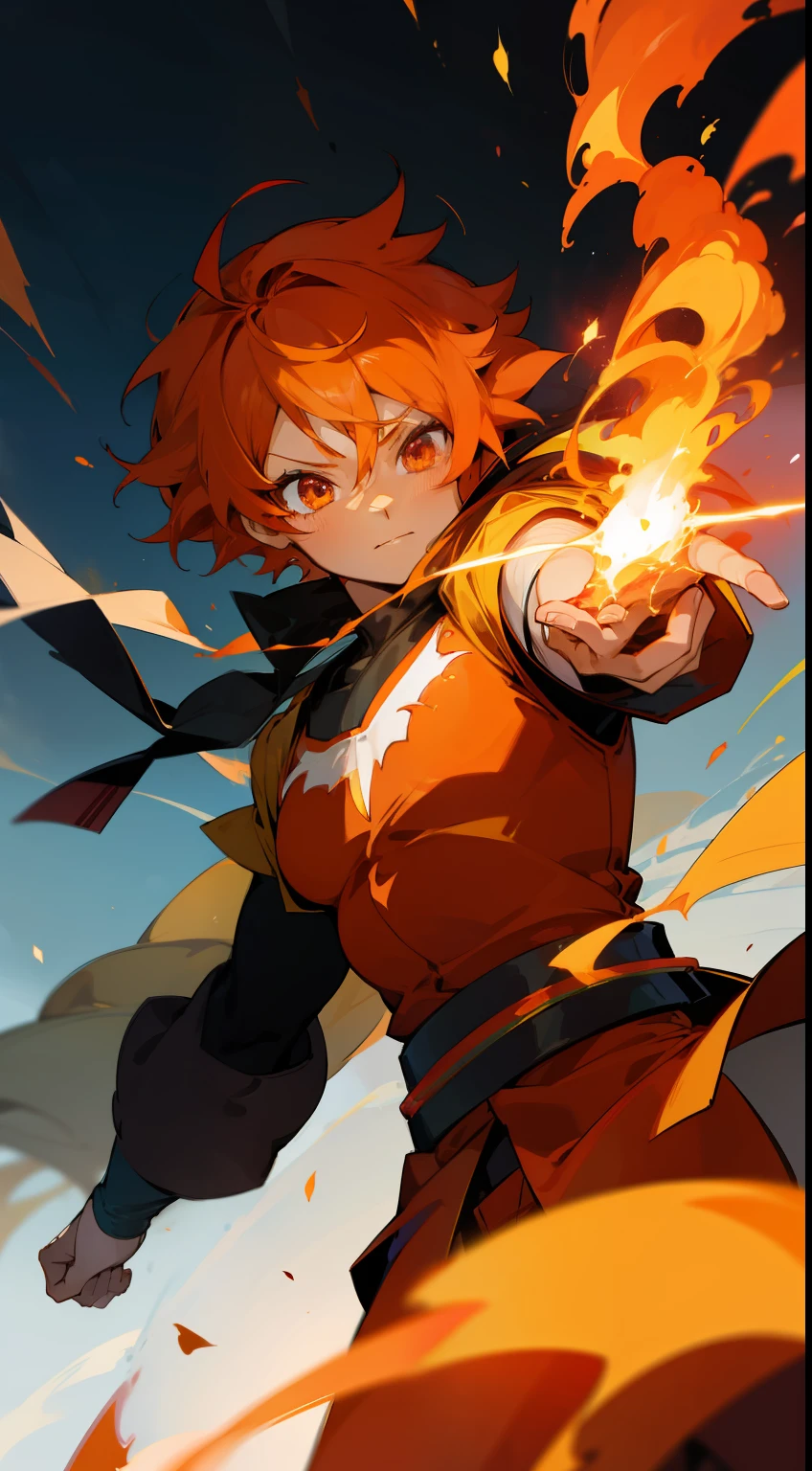 Anime art A super hero with flames in hamd and a fantastic background with fire and flamed ashes ,8k