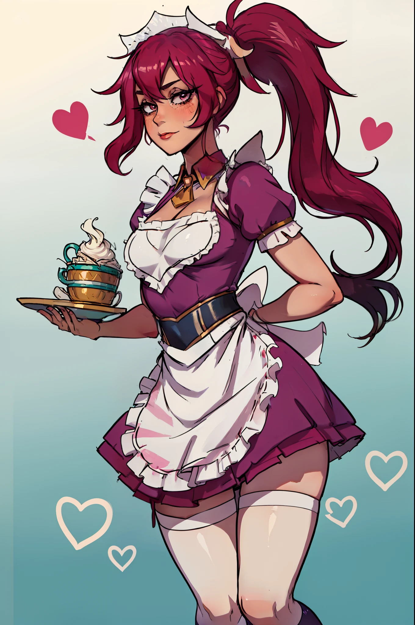 detailed cafe background, masterpiece, best quality, Cafe_Cutie_Sivir, maid_apron, ponytail, serving and offering a cup of coffee, cute maid outfit, master piece, best quality, anime style, detailed face, slim thighs, socks, cute skirt