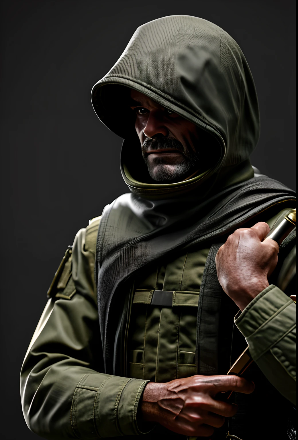 Um soldado militar triste em um terno ghillie, Facing the Holy Bible, There's a lot of angst, Ajoelhado, with hands on face , wearing a large dark hood that is torn and bloody from war filled with blood and dirt, Bloody (8k, Foto RAW, best quality, master part:1.2), ultra detalhado, Arte Oficial, photo-realistic:1.37, filmic grain, octan render, high-quality render