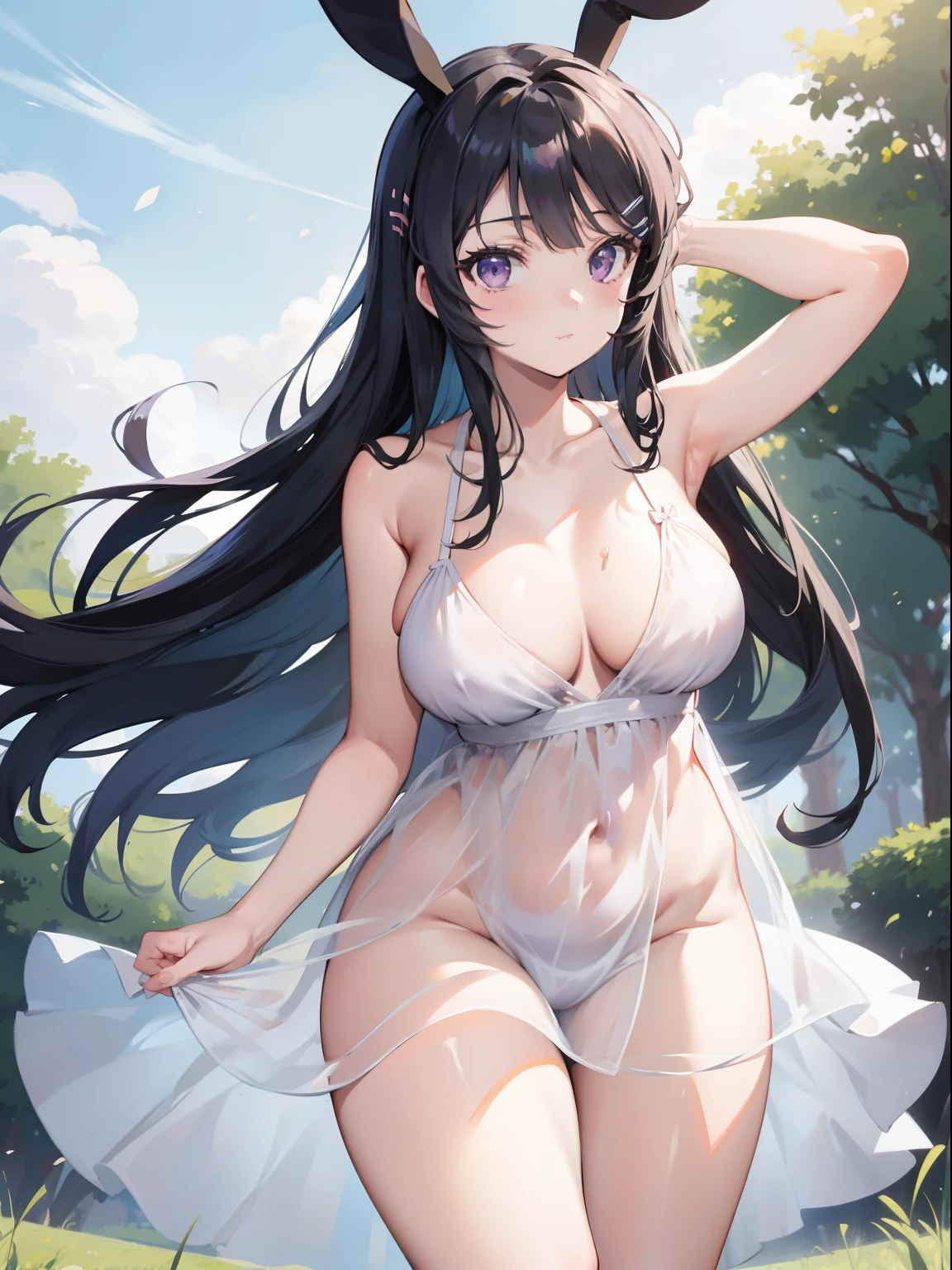 Mai sakurajima , bunny girl senpai, chubby curvy body, black long hairs, purple eye, grass field back ground, standing, facing viewer, nightie dress, no panties, no bra