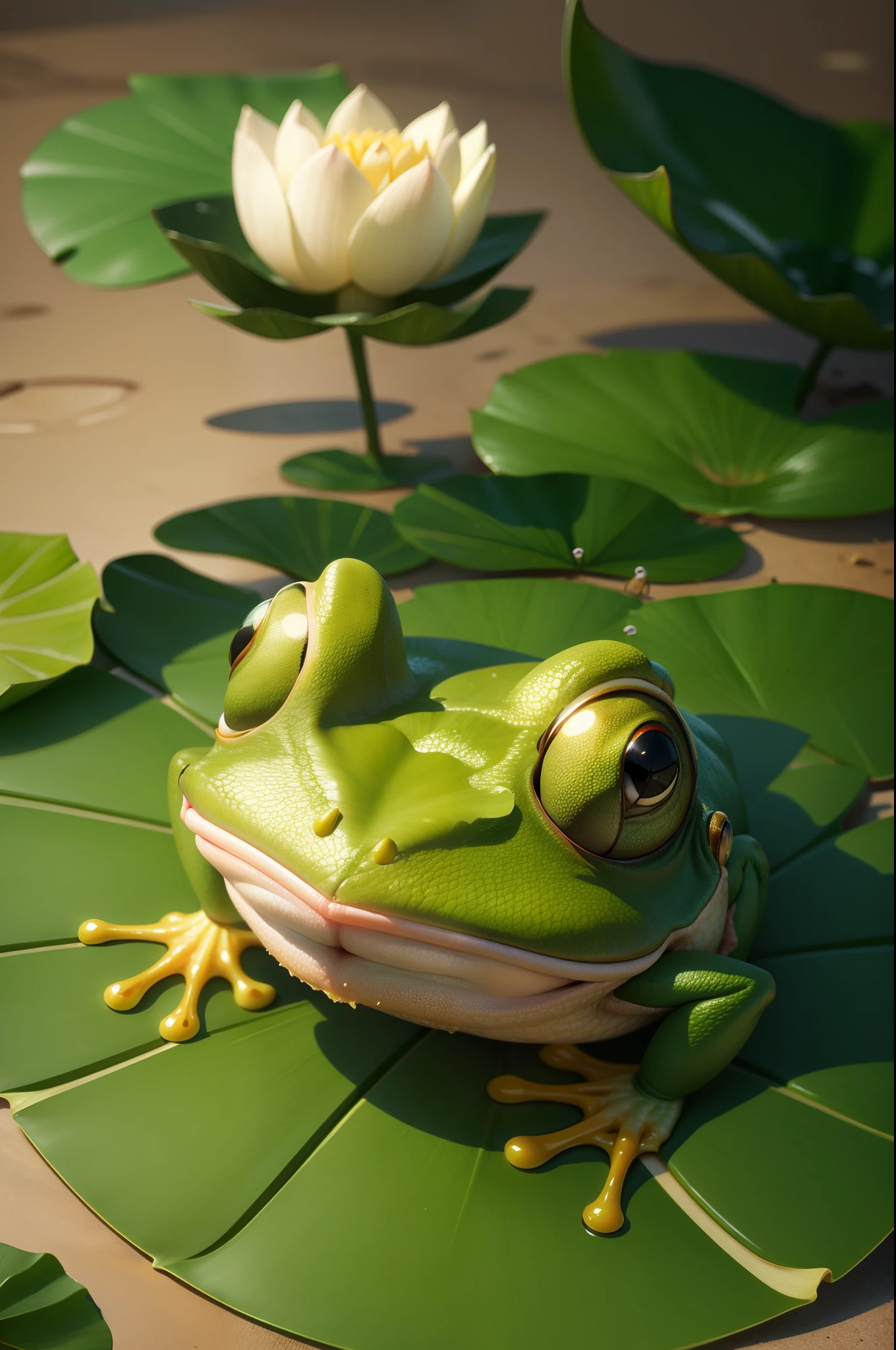 A frog on a lotus leaf、Big eyes cute、IP image、cartoon image、3D、8K