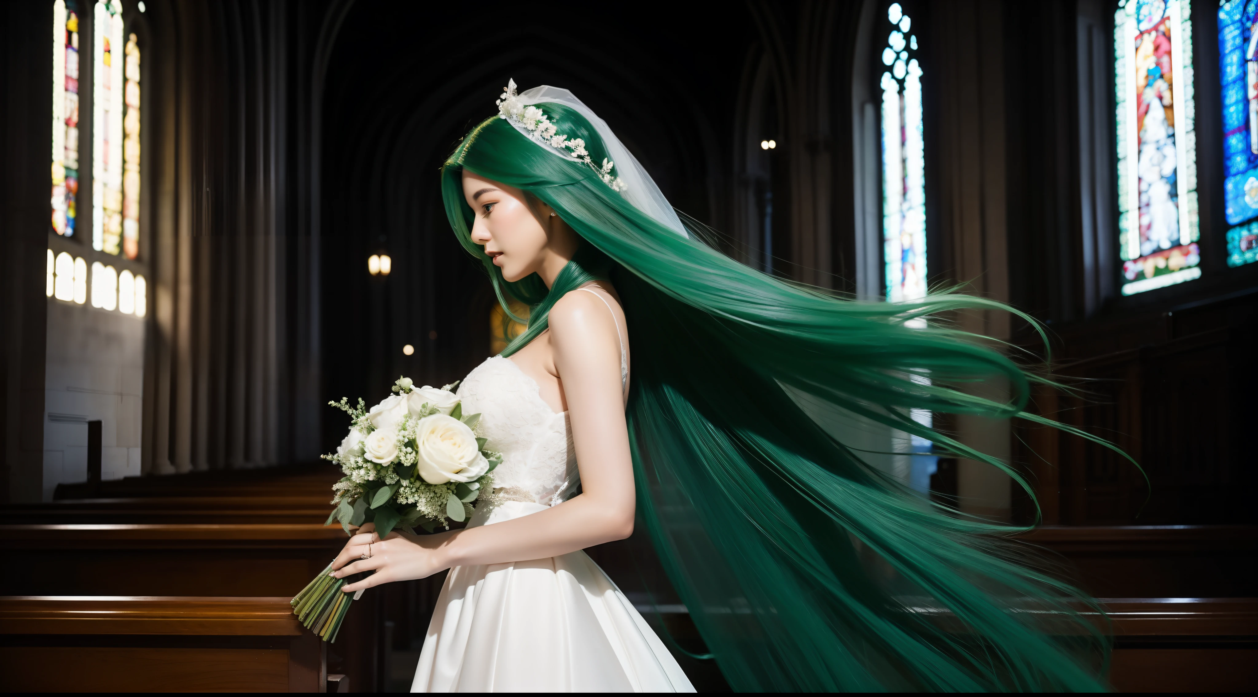 Silhouette of a beautiful woman with long green hair and big breasts holding flowers in a wedding dress,The background is the church。