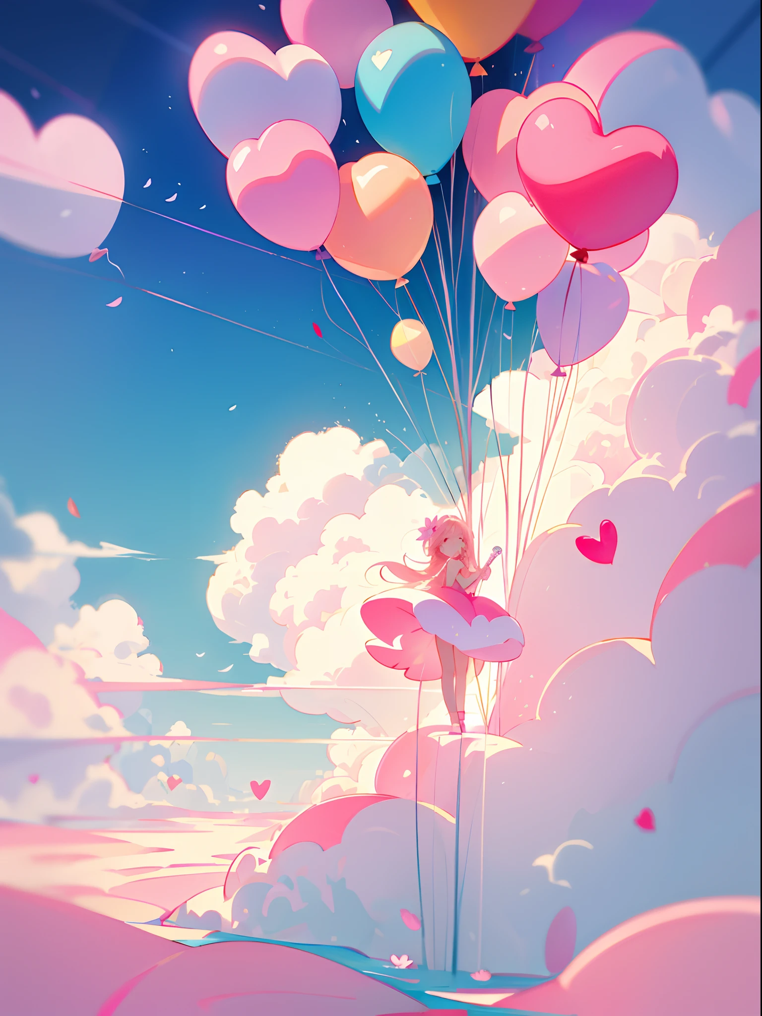 Valentine's Day illustration, sweet,balloons, (((flower sea))), fantasy, imagination, Dreams, Tight, Delicate,Pink atmospheric sense.