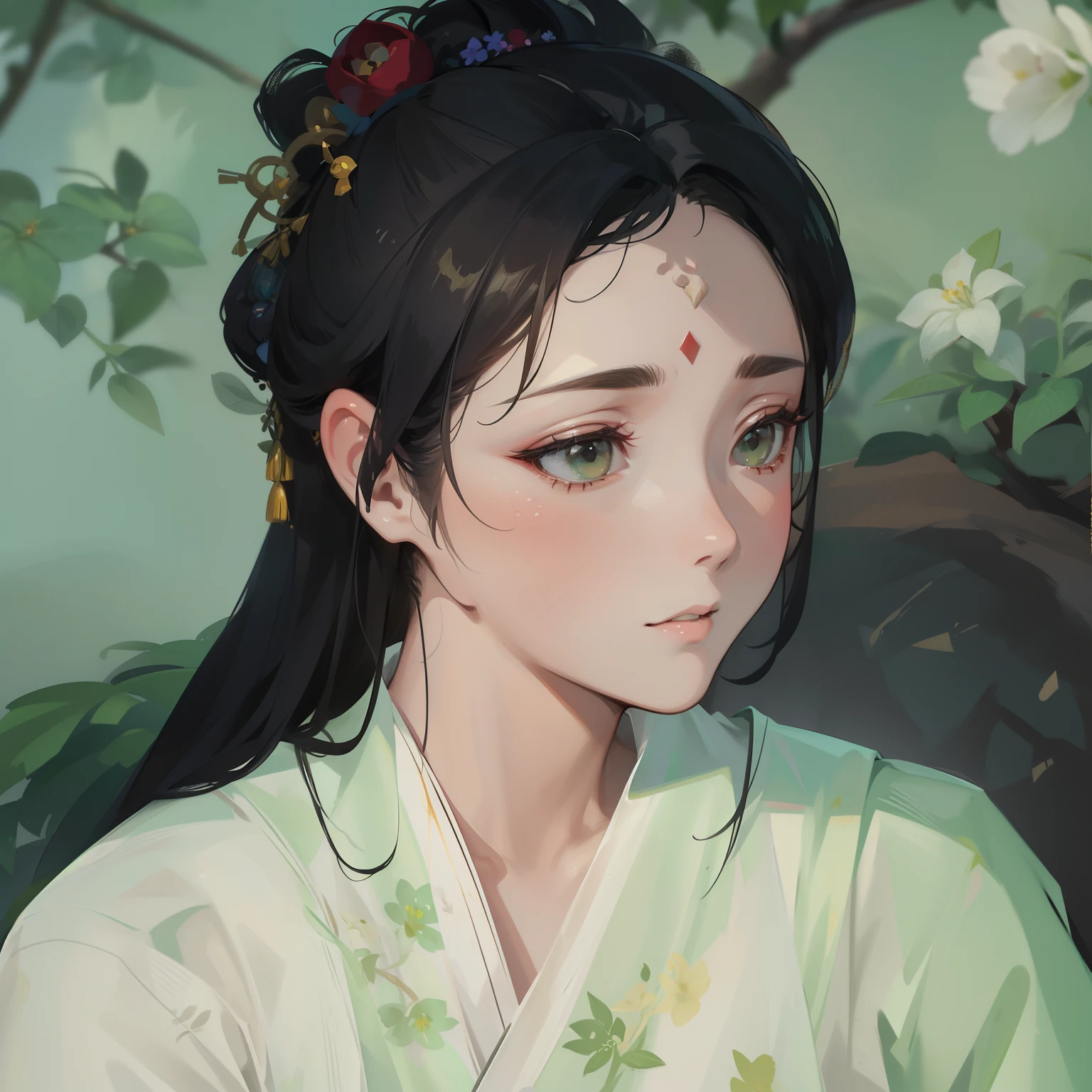 ancient chinese beauti,long whitr hair,Green sand dress,There are flowers on the forehead,quadratic element,Willow eyebrows,watered eyes,Delicate nose,Cherry small mouth,closeup of face,Two-dimensional painting style