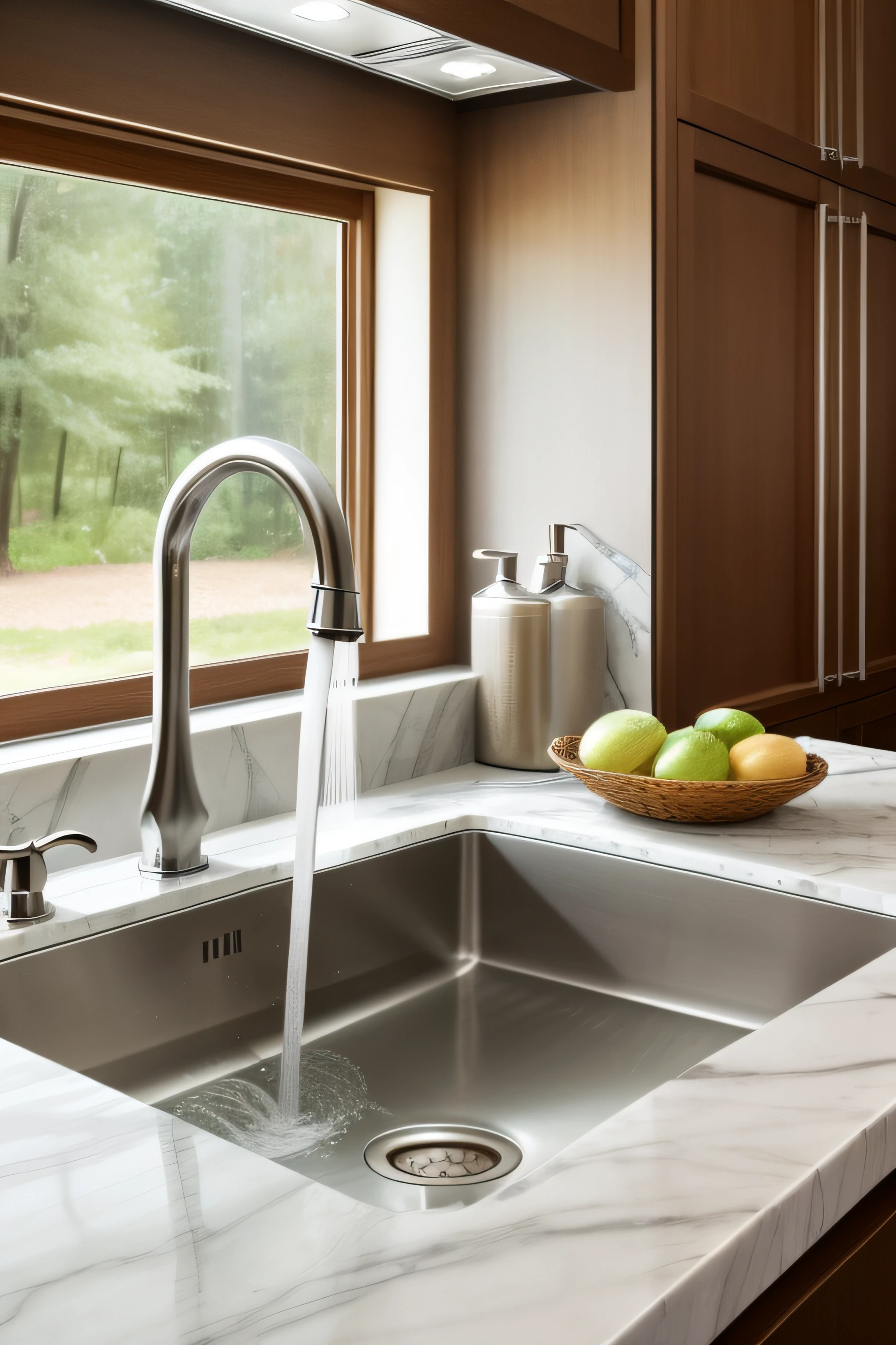 In a high end kitchen，A glittering metal sink faucet，Place on a beautiful marble countertop