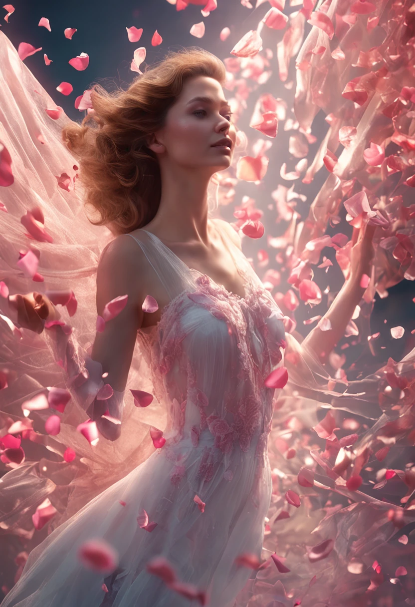 incantation：tmasterpiece，Need，1girl，exquisite facial features，s the perfect face，Normal fingers，in a long white dress，dance，full bodyesbian，The ground is covered with rose petals，Rose petals float in the air，depth of fields，The light from the back window is backlighted，Light particles flutter，Light effect，8k