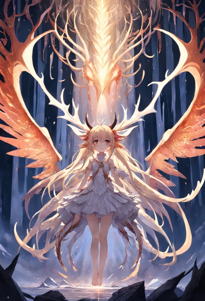 Horizontal antlers,The shattered aura emits a warm and bright light between the antlers
Except for a pair of wings behind it,Layers of broken feathers,There are wings underneath,It is a tentacle covered with white scales,They also omit scattered feathers at the ends,It doesn't seem to have grown up yet
A grotesque but beautiful monster