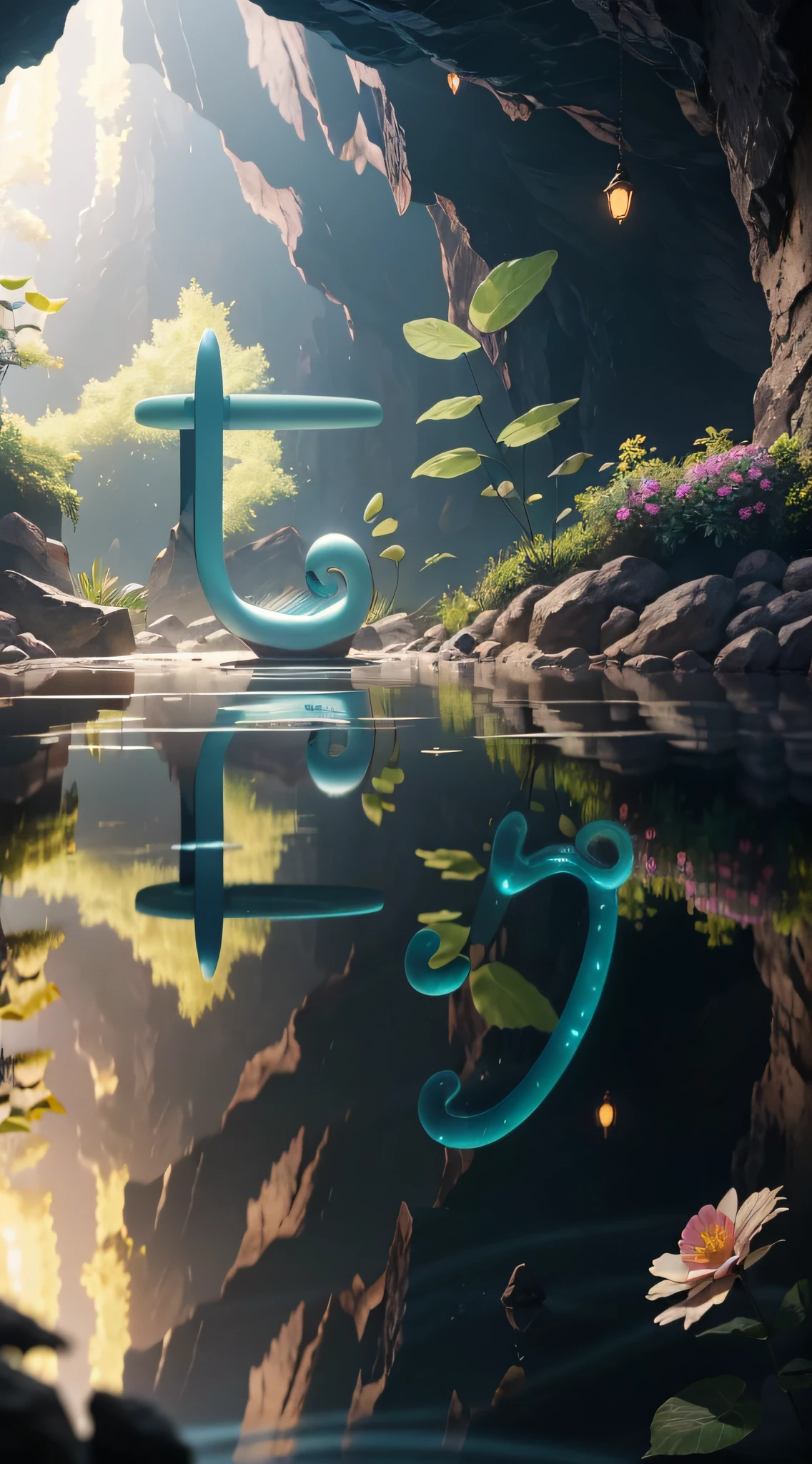 Masterpiece,Best quality,(Many plants:1.5)((Clean glass,Shine: 1.2,(Transparent:1.1),The sheen)).pixar-style,((In a cave, At night, Surrounded by glowing plants, Flowers, Flying fireflies,bonfires:1.2)),(Ultra detailed, Aesthetic, 美丽的构图, rich and vivid colors, Volumetric soft light),4K,Reflection in the water,Water Ripples is inspired by Alice in Wonderland,magic,Fairy tale Unreal Engine,rendering by octane,cuteness render,a 3D render,awe inspiring,Beautiful,AdobePhotoshop,tchibi,