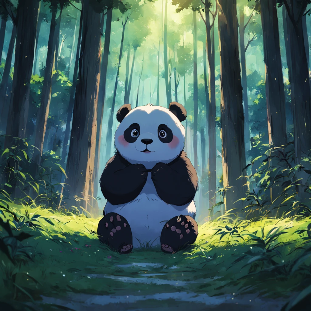 tmasterpiece,best qualityer,cinematic Film still from,1 panda,Close-up,natta,Panda looking up at the forest