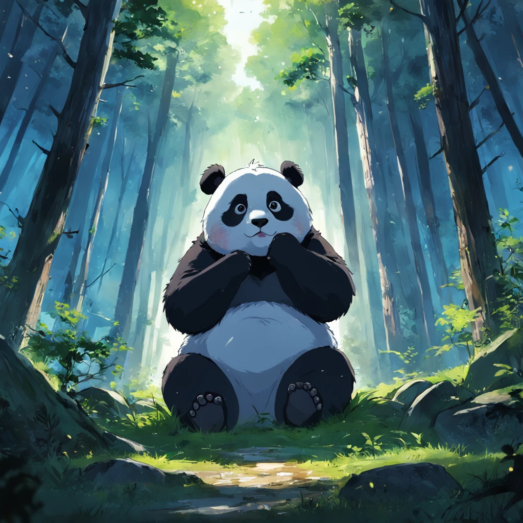 tmasterpiece,best qualityer,cinematic Film still from,1 panda,Close-up,natta,Panda looking up at the forest