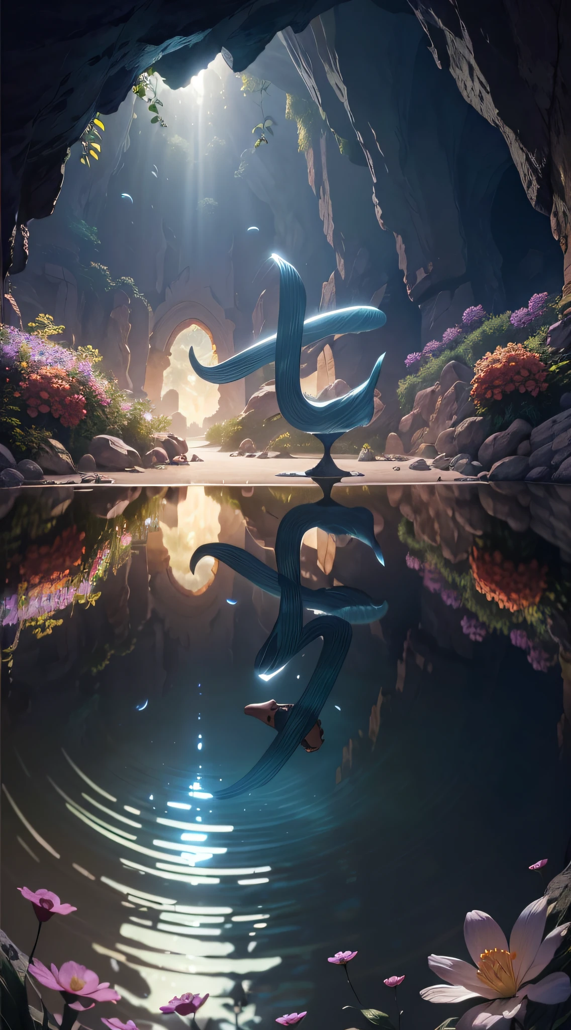 Masterpiece,Best quality,(Many plants:1.5)((Clean glass,Shine: 1.2,(Transparent:1.1),The sheen)).pixar-style,((In a cave, At night, Surrounded by glowing plants, Flowers, Flying fireflies,bonfires:1.2)),(Ultra detailed, Aesthetic, 美丽的构图, rich and vivid colors, Volumetric soft light),4K,Reflection in the water,Water Ripples is inspired by Alice in Wonderland,magic,Fairy tale Unreal Engine,rendering by octane,cuteness render,a 3D render,awe inspiring,Beautiful,AdobePhotoshop,tchibi,