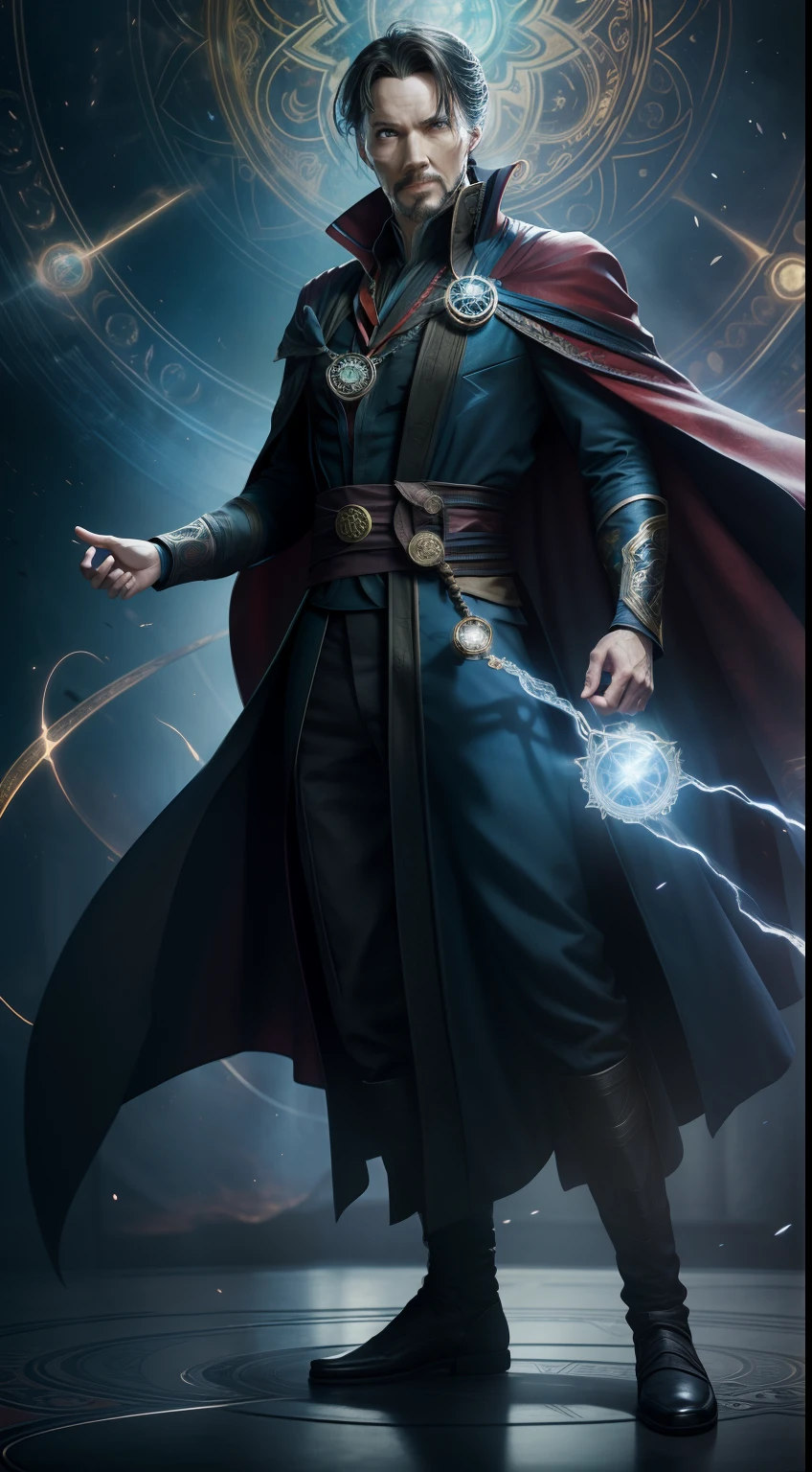 Subject: A photorealistic portrayal of Doctor Strange, standing with an air of mystique and wielding his mystical powers.
Type of Image: Photorealistic digital artwork capturing Doctor Strange's enigmatic and powerful presence.
Art Styles: Photorealism, showcasing intricate details of Doctor Strange's costume, Eye of Agamotto, and his focused expression.
Camera: Shot with a medium lens to provide a balanced view of Doctor Strange's figure and expression.
Shot: Full-body shot, highlighting Doctor Strange's authoritative posture and poised demeanor.
Render Related Information: High-resolution render (4K) with meticulous attention to detail in Doctor Strange's costume, mystical artifacts, and facial features.