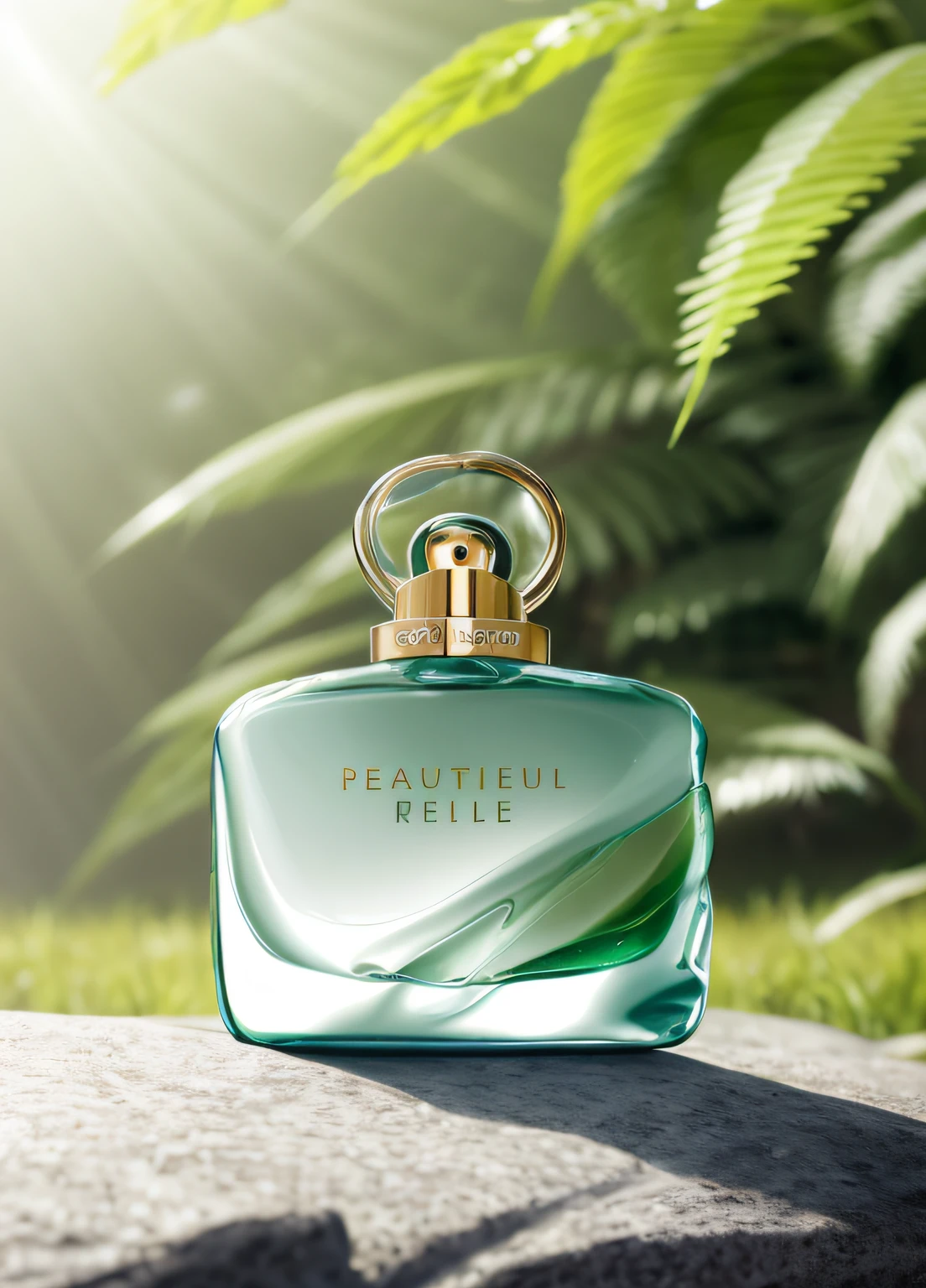 A bottle of perfume is placed on a rock in a green environment，green grasslands，Rochas，Calm lake water，dewdrops，Water Moisture，icey，the soft light，The attention to detail，LightBlueandGreen，enigmatic tropics，Nikon shooting，Photorealistic rendering，best quality--ar 3：4