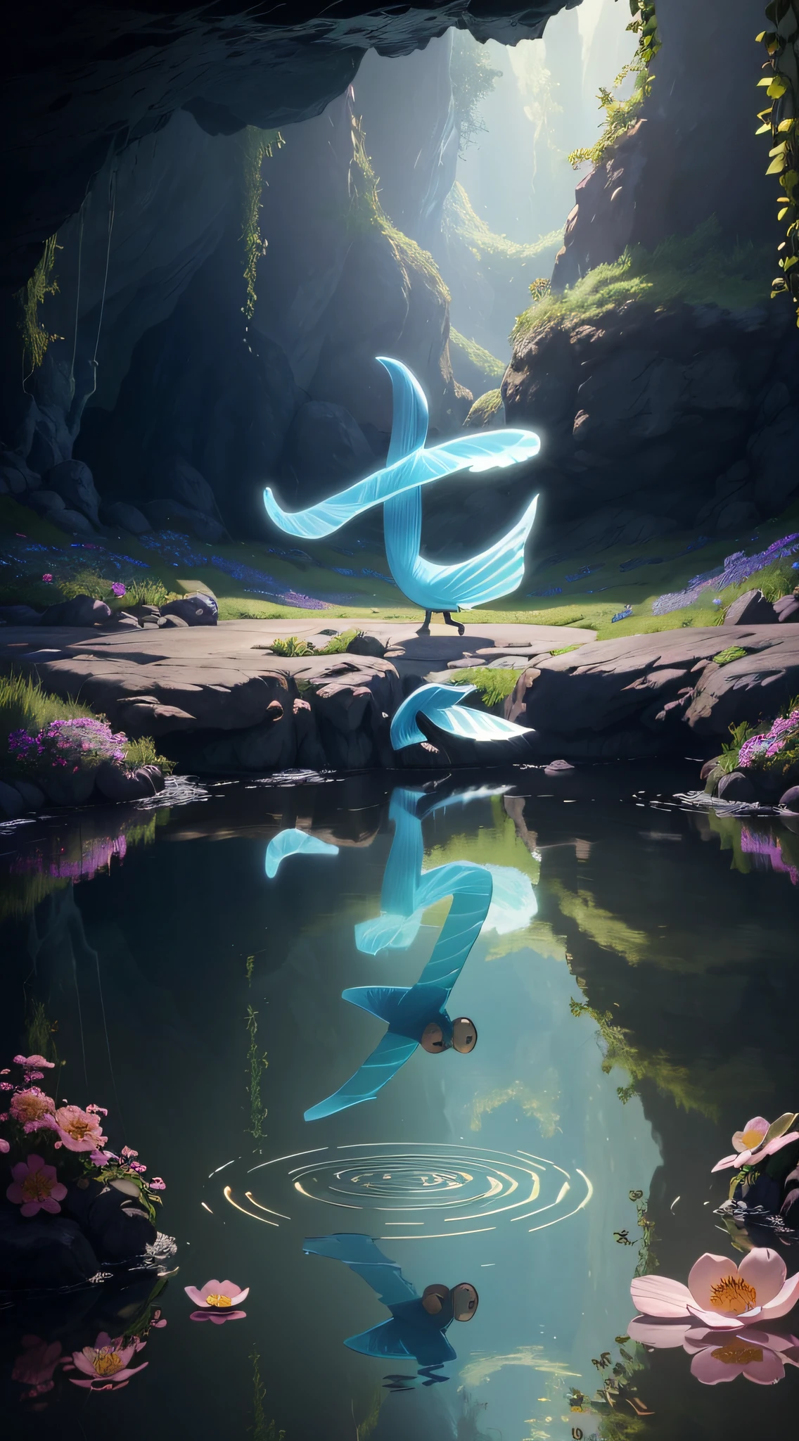 Masterpiece,Best quality,(Many plants:1.5)((Clean glass,Shine: 1.2,(Transparent:1.1),The sheen)).pixar-style,((In a cave, At night, Surrounded by glowing plants, Flowers, Flying fireflies,bonfires:1.2)),(Ultra detailed, Aesthetic, 美丽的构图, rich and vivid colors, Volumetric soft light),4K,Reflection in the water,Water Ripples is inspired by Alice in Wonderland,magic,Fairy tale Unreal Engine,rendering by octane,cuteness render,a 3D render,awe inspiring,Beautiful,AdobePhotoshop,tchibi,