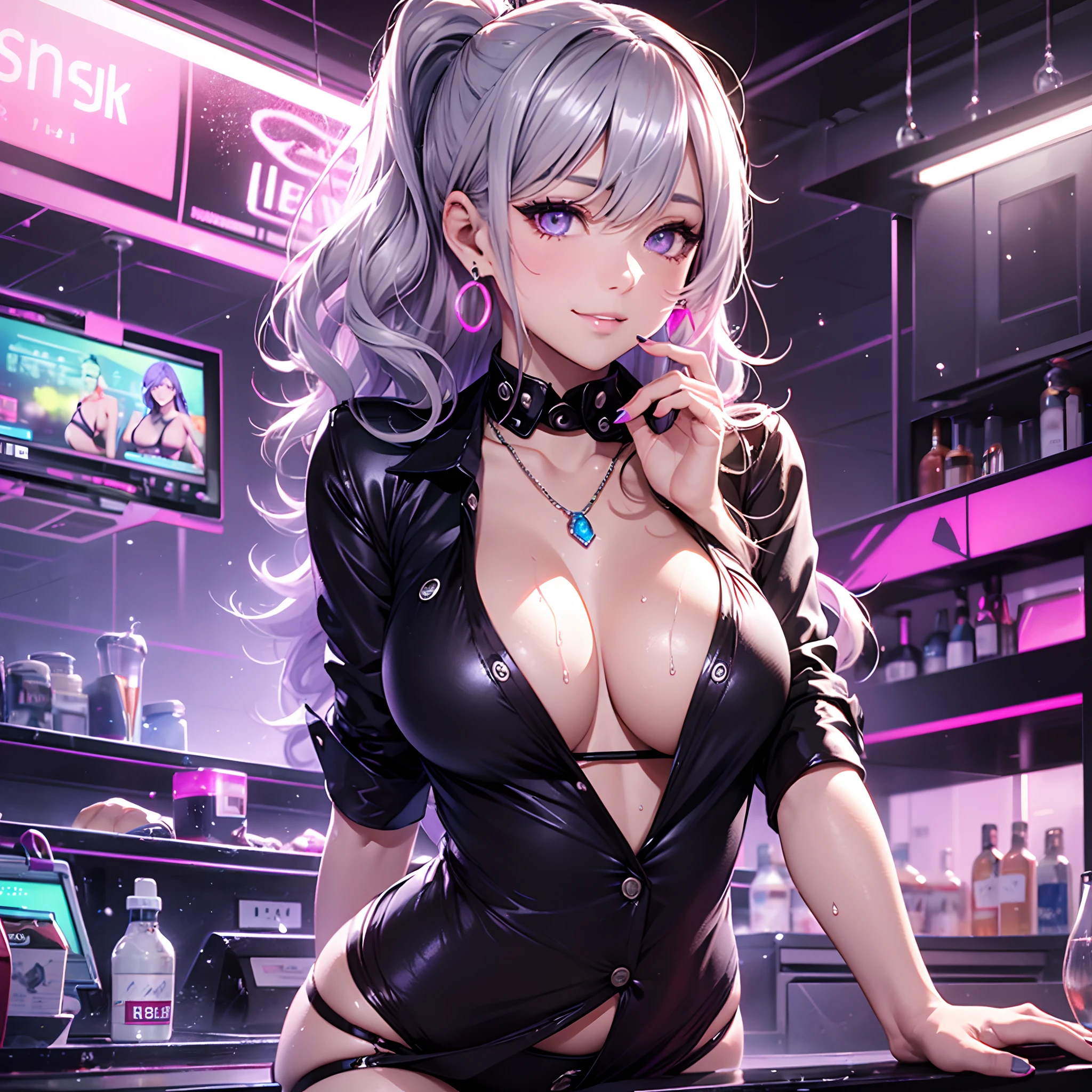 (masutepiece: 1.3), (Maximum resolution: 1.2), (Ultra HDTV: 1.2), Ultra HDTV, (Detailed eyes and skin), (Detailed facial features), 8K resolution, sharp-focus: 1.2, Perfect Style, beatiful face, Precise, anatomically correct, Highly Detailed Facial and Skin Texture, A detailed eye, light purple eyes, double eyelids, thin eyebrows, (lowered eyes:0.65), (Glitter eyeliner:1.2), (wet body), natural Cheeks, glossy skin, (light skin:1.2), Shiny necklace and earrings, (glossy lips: 1.4), BREAK, Absurder, One Man's Point of View, (She is the most beloved employee of the nightclub), (In black microbikini:1.3), (Wear an oversized shirt with white buttons:1.3), BREAK, (shy smile:1.2), ((18 years, Very nice and neat girl:1.3)), (Hairstyle in the form of a ponytail on the sides, Wavy Hair), (dark silver hair:1.4), mid length hair, ((the pose, which Stick your chest out of the counter:1.2)), ((A lot of spectators around;1.2)), Shot Full Body, (focus on breasts:1.2), looking up at the viewer, (From directly above), medium large breasts, (In a super erotic nightclub), BREAK, (((purple neon lights))), (((dim lighting:1.3))),