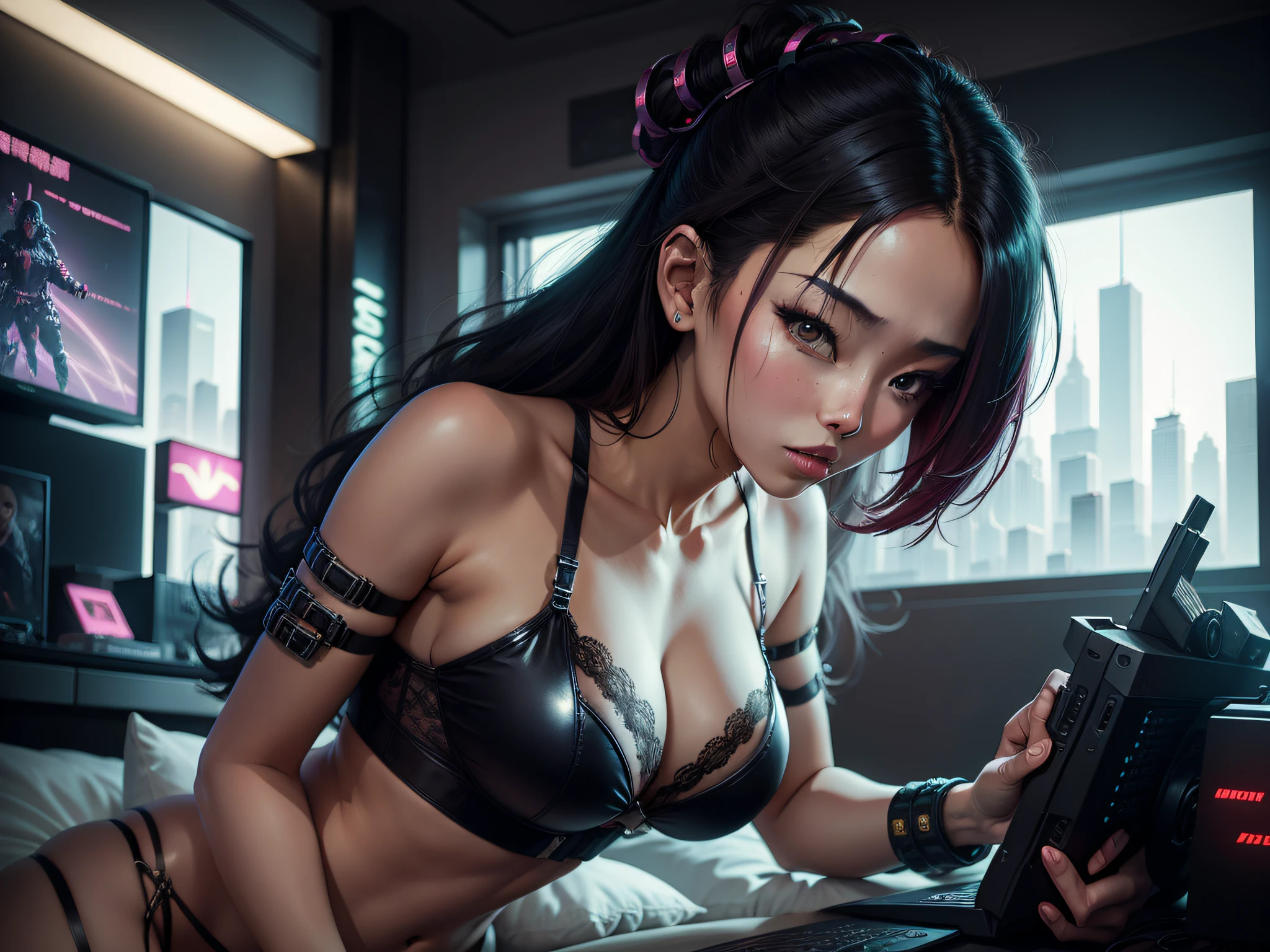 cyberpunk bedroom, chinese sexy woman wearing lingerie