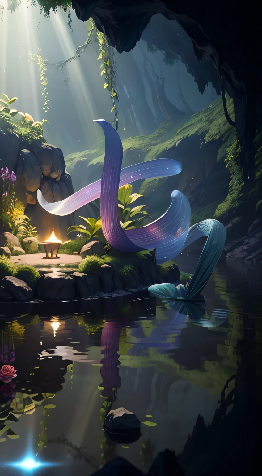 Masterpiece,Best quality,(Many plants:1.5)((Clean glass,Shine: 1.2,(Transparent:1.1),The sheen)).pixar-style,((In a cave, At night, Surrounded by glowing plants, Flowers, Flying fireflies,bonfires:1.2)),(Ultra detailed, Aesthetic, 美丽的构图, rich and vivid colors, Volumetric soft light),4K,Reflection in the water,Water Ripples is inspired by Alice in Wonderland,magic,Fairy tale Unreal Engine,rendering by octane,cuteness render,a 3D render,awe inspiring,Beautiful,AdobePhotoshop,tchibi,
