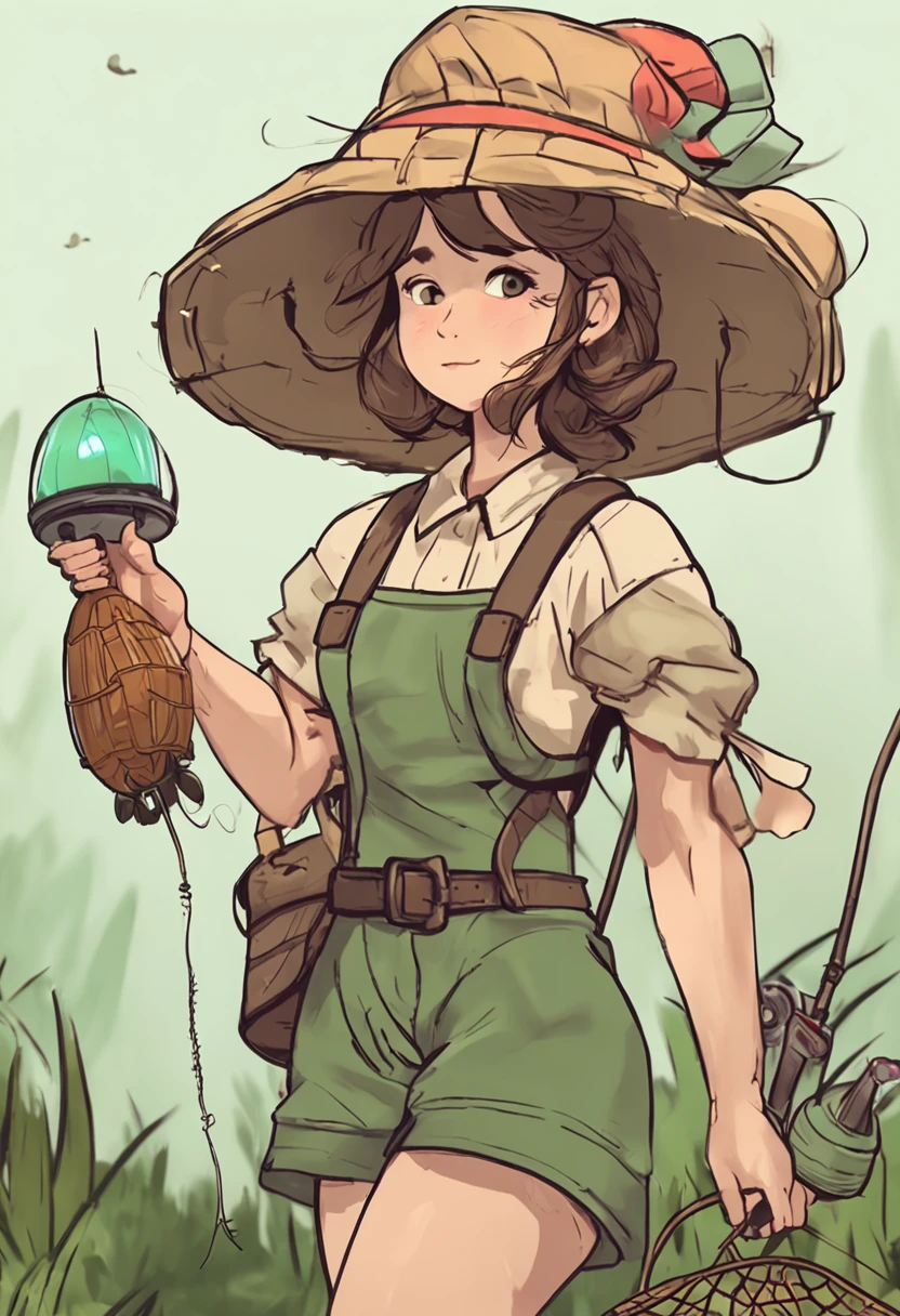 cartoon girl with a hat and a fishing net, insect trainer girl, wearing a fisher 🧥, female protagonist 👀 :8, chihiro! fujisaki, female explorer mini cute girl, fanart, official fanart, high quality fanart, touhou character, abigail from stardew valley, full body portrait of a short!, style in ghibli anime style, smol