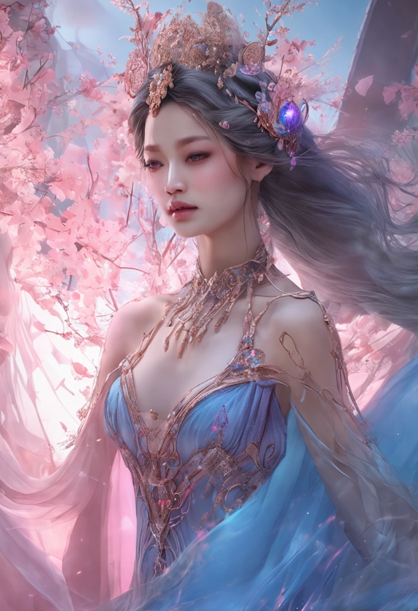 best qualtiy, tmasterpiece, 超高分辨率, Close-up of a woman in a blue-pink flowing gauze dress, close-up all over the body, sexy for, cropped shoulders, Beautiful age girl, a beautiful fantasy empress, Ethereal beauty, beautiful fantasy maiden, Beautiful goddess, ((a beautiful fantasy empress)), Oriental fantasy, Ethereal fantasy, Detailed scenes, amazing pose, Eye-catching accessories, Picturesque