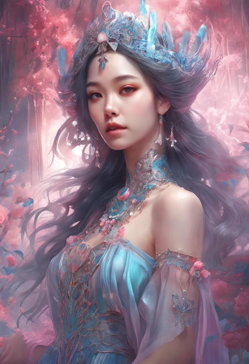 best qualtiy, tmasterpiece, 超高分辨率, Close-up of a woman in a blue-pink flowing gauze dress, close-up all over the body, sexy for, cropped shoulders, Beautiful teenage girl, a beautiful fantasy empress, Ethereal beauty, beautiful fantasy maiden, Beautiful goddess, ((a beautiful fantasy empress)), Oriental fantasy, Ethereal fantasy, Detailed scenes, amazing pose, Eye-catching accessories, Picturesque