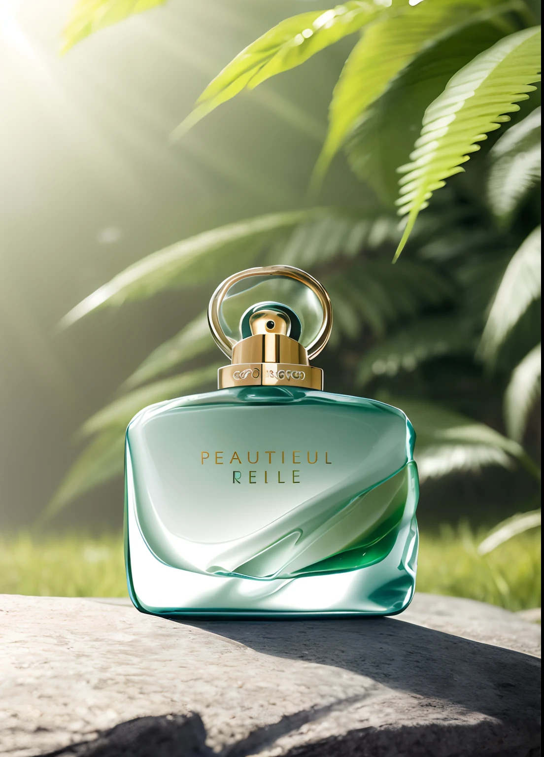 A bottle of perfume is placed on a rock in a green environment,green grasslands,Rochas,Calm lake water,dewdrops,Water Moisture,icey,the soft light,The attention to detail,LightBlueandGreen,enigmatic tropics,Nikon shooting,Photorealistic rendering,best quality--ar 3:4