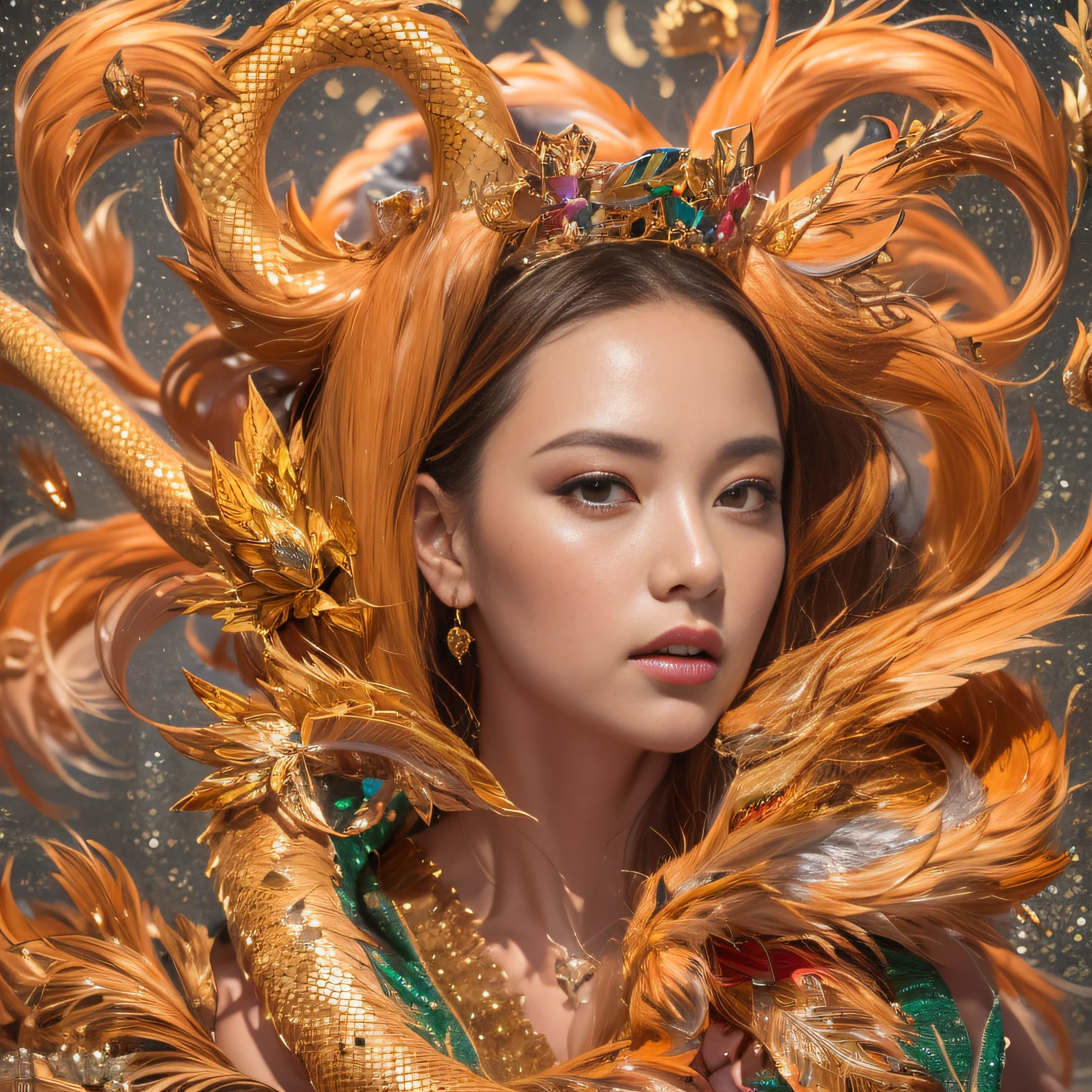 A close up of a woman with a dragon headdress and a gold dragon - SeaArt AI