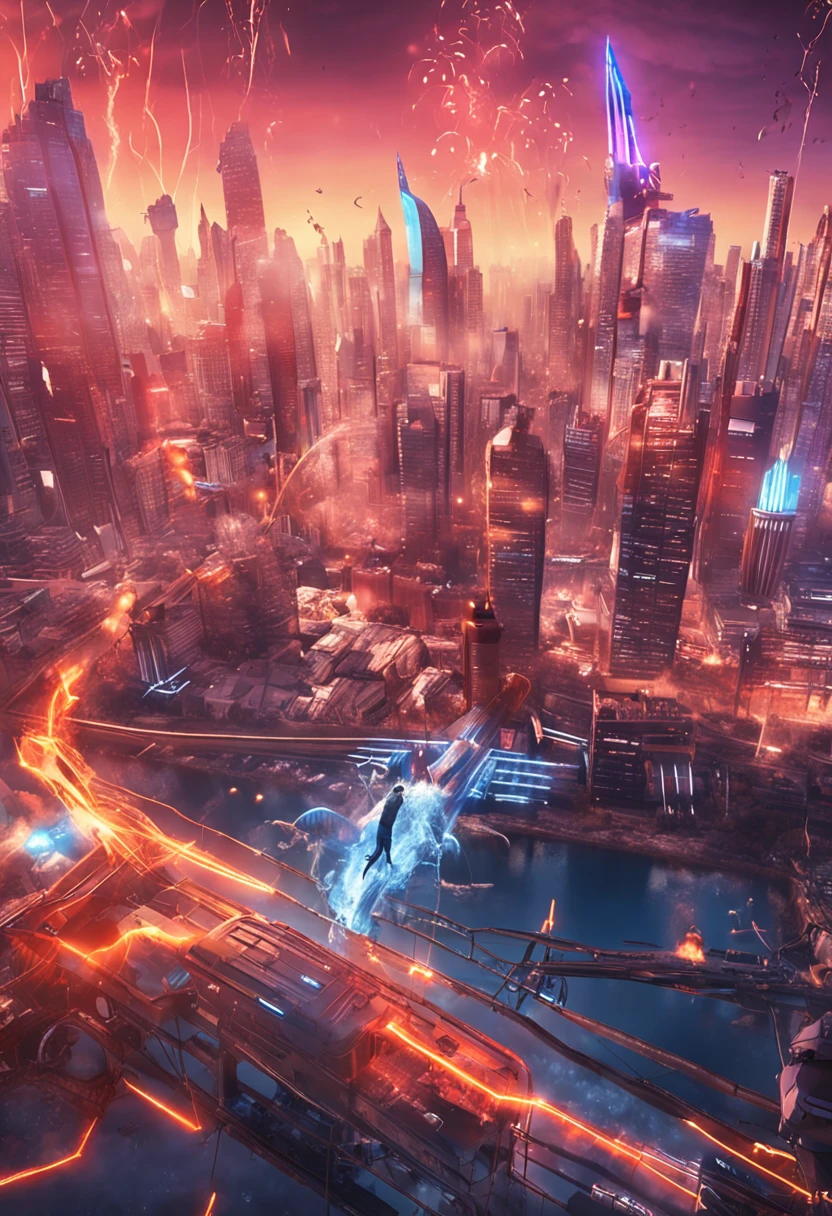 ultra HD picture quality, Perfect details, ((masutepiece)), Action-packed ice show,A superhero ager,Wear sexy clothing,Waving flames caused a refreshing shock,She soared over the city。