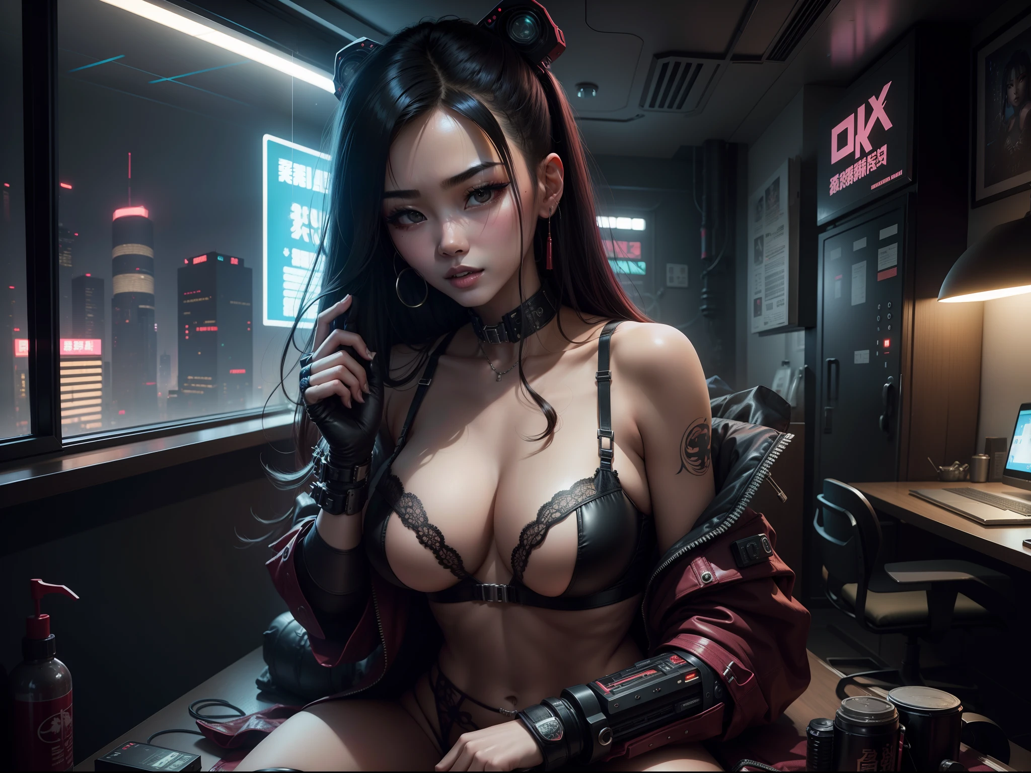 cyberpunk bedroom, chinese sexy woman wearing lingerie