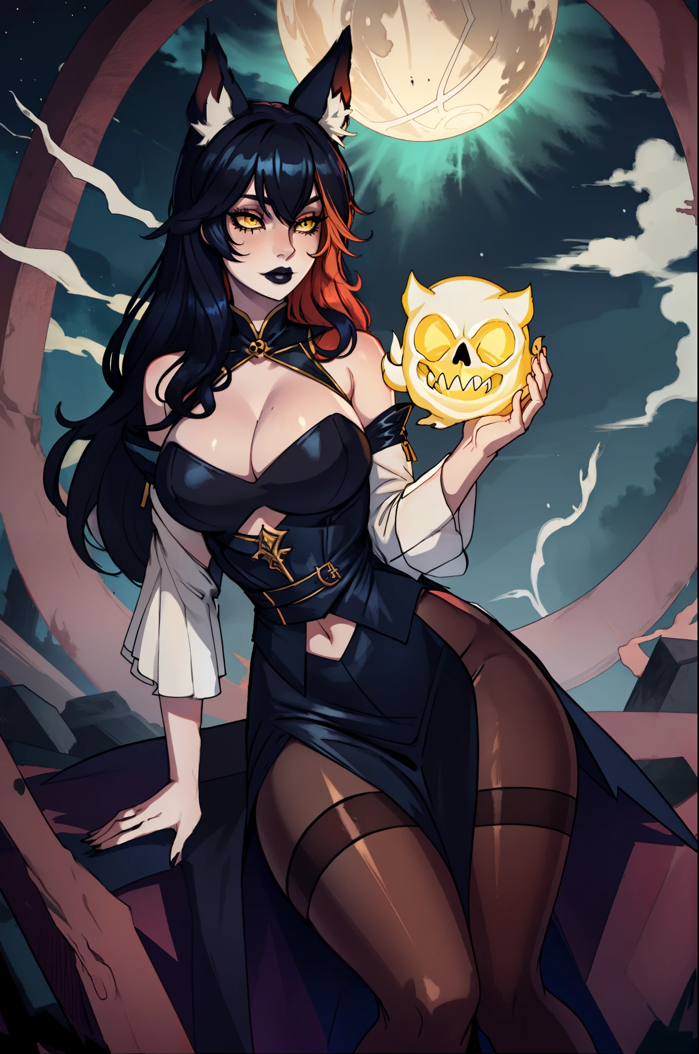 coven ahri, 1girl, dress, detached sleeves, cleavage, multicolored hair, mixed black and cream color wavy hair, curvy figure, animal ears, pantyhose, yellow eyes, very pale skin, dark makeup, black lipstick, dark ambient setting with dark illumination, set in the bewitching night-time, master piece, best quality, she holds a magic light brilliant sphere with a animal skull within.