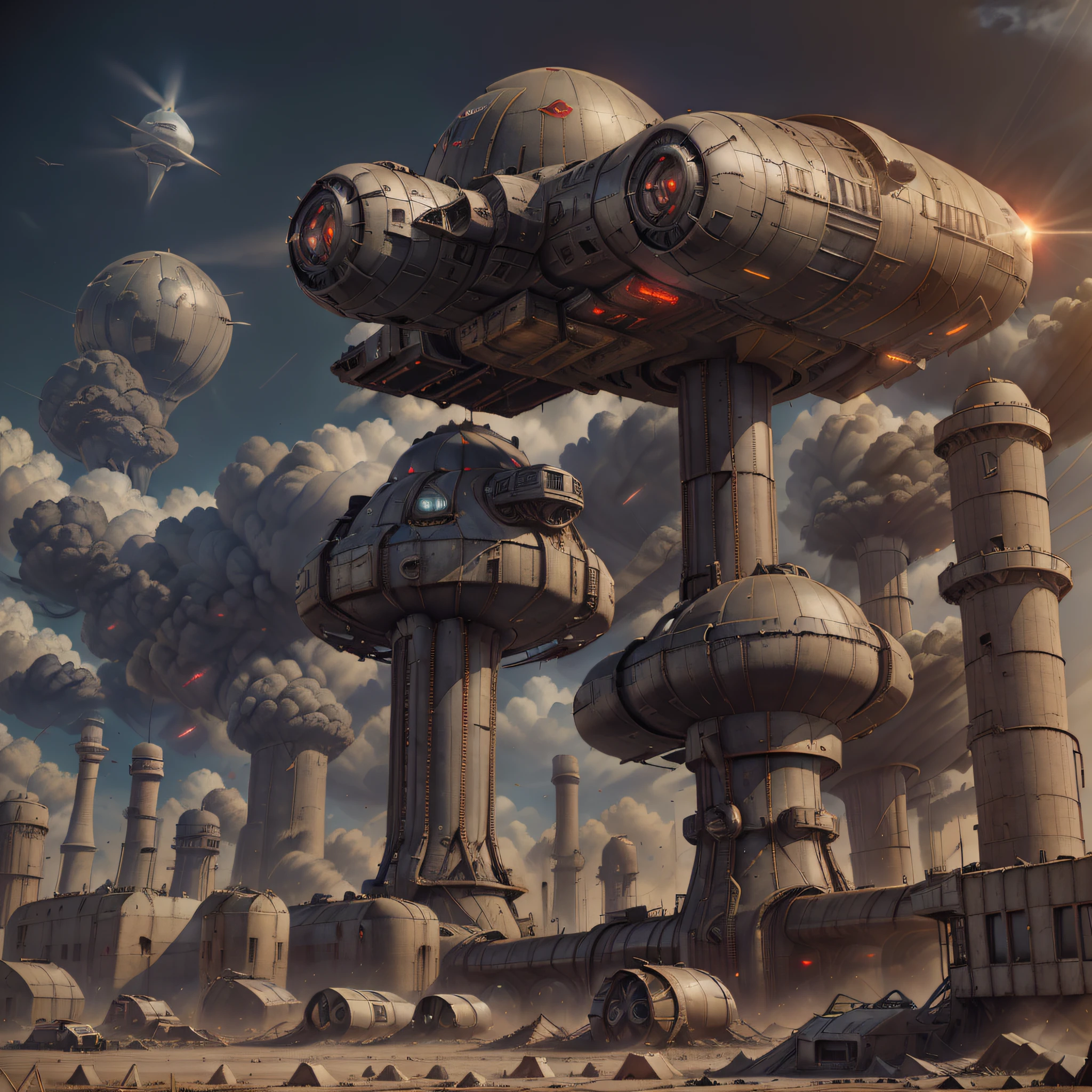 A wasteland-style spaceship, exploding in the air, black smoke from the engine, surrounded by a group of small red wasteland-style aircraft, with an abandoned ancient city in the background, towering industrial towers everywhere and some withered vegetation, storm-swept, foggy, low-saturation, cinematic, Unreal Engine, trending on artstation