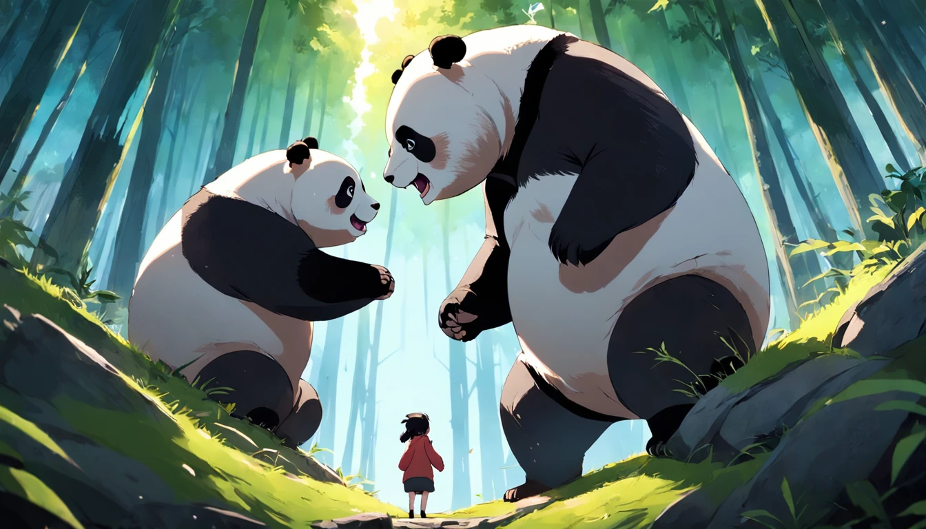 tmasterpiece, best qualityer, cinematic Film still from, Two pandas, Close-up is bright and bright, cheerfulness, Soft lighting and warmth, natta, Panda looking up at the sky in the forest