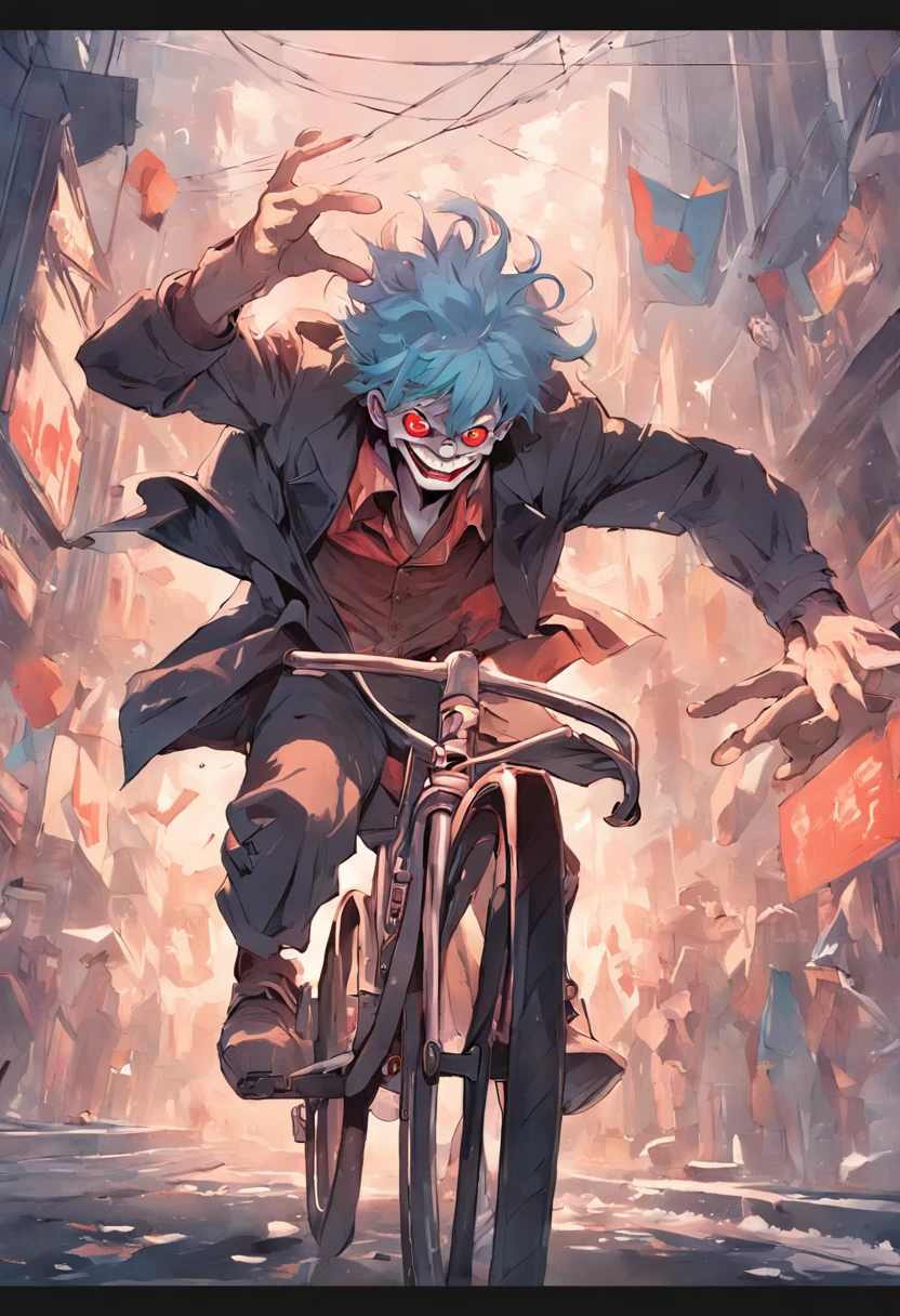 The image shows the source from "jocker" In a relaxing moment, loopy. This depiction creates a striking contrast between the clown's chaotic personality and the peaceful activity of cycling.

The Joker wears his signature costume, But in a more casual way, It's like you're enjoying a day of rest. A wry, mysterious smile appeared on his face。, as usual, add a touch of mystique to the scene.

He holds the handlebars of his bike in one hand, When the other hand is in the air, It's like you're having fun，It causes a certain amount of confusion even when pedaling.

The background of the image presents the urban environment, There are buildings and roads, It is implied that the clown is cycling through the streets of the city.

The main color is a shade of purple, green and red, Something to do with clowns. This color palette adds a touch of familiarity，At the same time, it contrasts with unexpected scenes.

This image creates an interesting and entertaining scene by showing the clown in an unusual activity. It evokes a sense of smiles and surprise, Viewers are invited to contemplate the complexity and unpredictability of this iconic character.