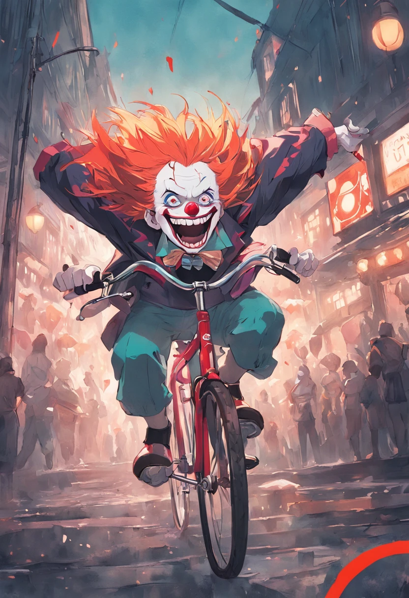 The image shows the source from "jocker" In a relaxing moment, loopy. This depiction creates a striking contrast between the clown's chaotic personality and the peaceful activity of cycling.

The Joker wears his signature costume, But in a more casual way, It's like you're enjoying a day of rest. A wry, mysterious smile appeared on his face。, as usual, add a touch of mystique to the scene.

He holds the handlebars of his bike in one hand, When the other hand is in the air, It's like you're having fun，It causes a certain amount of confusion even when pedaling.

The background of the image presents the urban environment, There are buildings and roads, It is implied that the clown is cycling through the streets of the city.

The main color is a shade of purple, green and red, Something to do with clowns. This color palette adds a touch of familiarity，At the same time, it contrasts with unexpected scenes.

This image creates an interesting and entertaining scene by showing the clown in an unusual activity. It evokes a sense of smiles and surprise, Viewers are invited to contemplate the complexity and unpredictability of this iconic character.