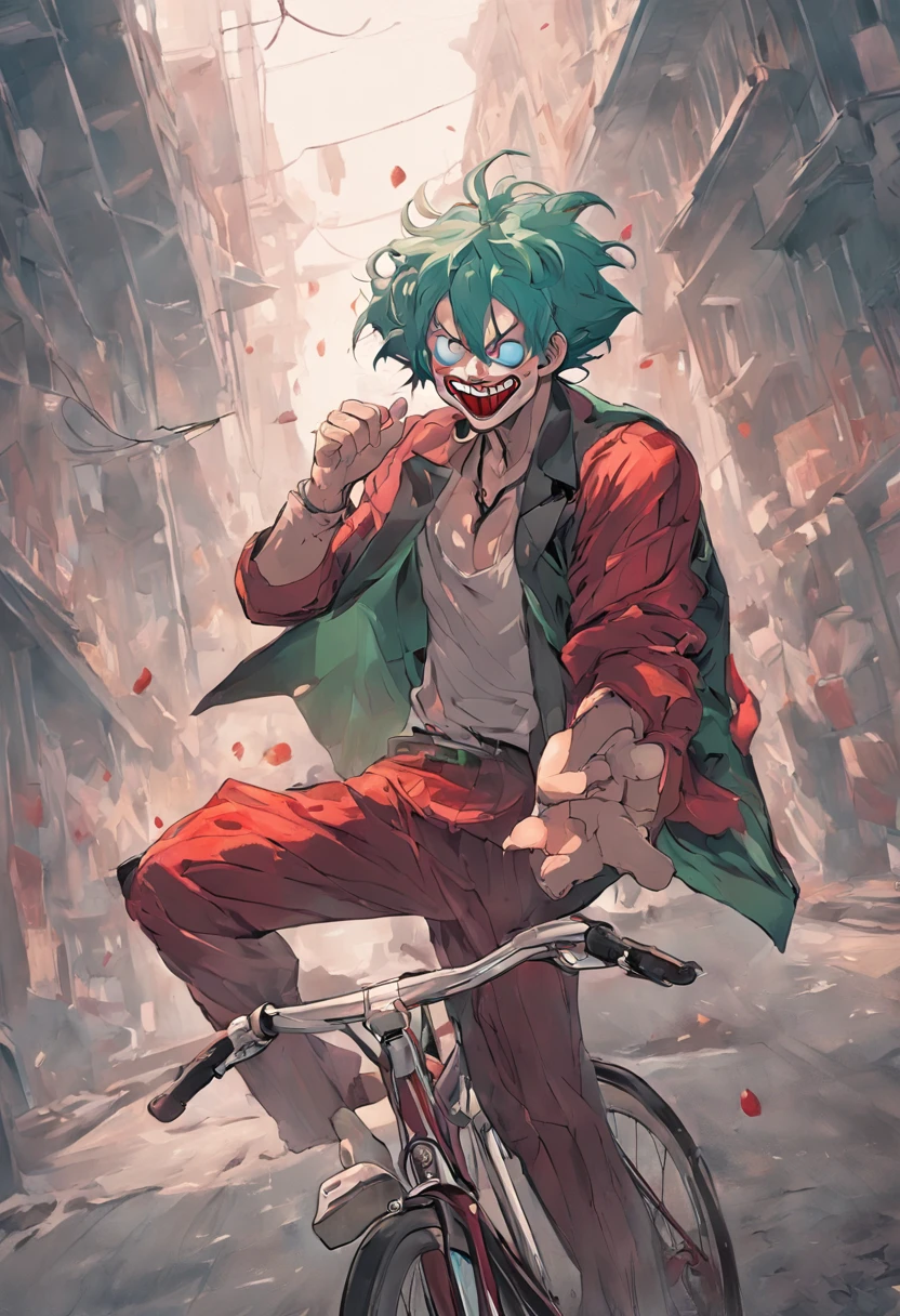 The image shows the source from "jocker" In a relaxing moment, loopy. This depiction creates a striking contrast between the clown's chaotic personality and the peaceful activity of cycling.

The Joker wears his signature costume, But in a more casual way, It's like you're enjoying a day of rest. A wry, mysterious smile appeared on his face。, as usual, add a touch of mystique to the scene.

He holds the handlebars of his bike in one hand, When the other hand is in the air, It's like you're having fun，It causes a certain amount of confusion even when pedaling.

The background of the image presents the urban environment, There are buildings and roads, It is implied that the clown is cycling through the streets of the city.

The main color is a shade of purple, green and red, Something to do with clowns. This color palette adds a touch of familiarity，At the same time, it contrasts with unexpected scenes.

This image creates an interesting and entertaining scene by showing the clown in an unusual activity. It evokes a sense of smiles and surprise, Viewers are invited to contemplate the complexity and unpredictability of this iconic character.