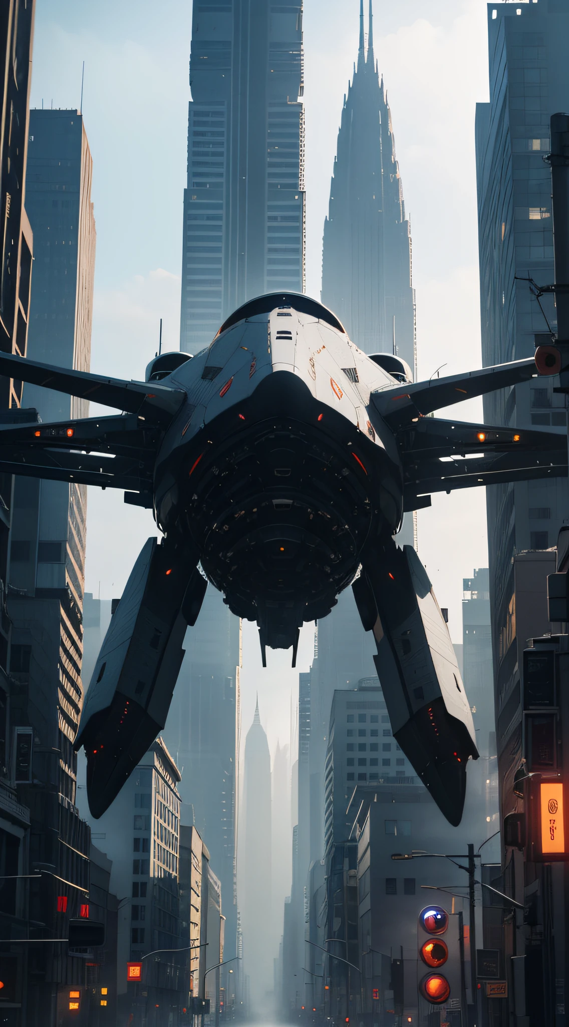 4K，Ultra-clear detailed,Machinary（Huge spaceship over the city），big city，Terrifying，Mist light，Tech texture，Cinema lenses，poster for