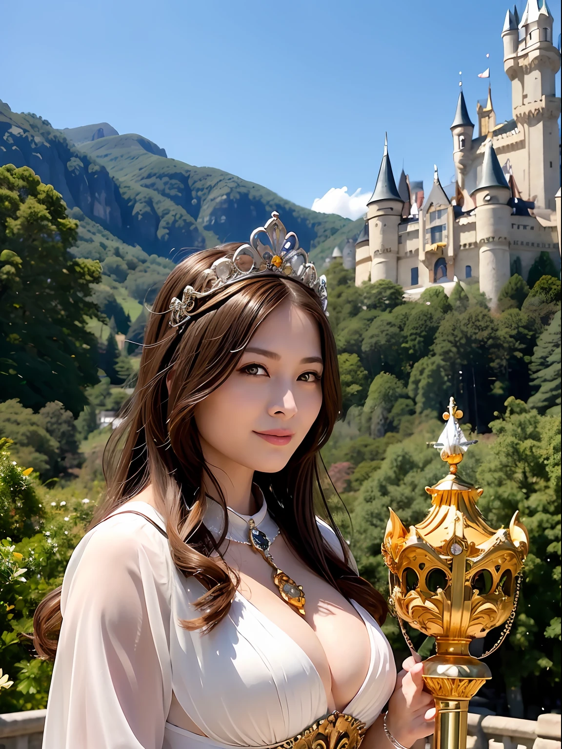 Professional , ​masterpiece、top-quality、photos realistic , depth of fields （Gemstone Silver Metal Body:1.９),(Matte Silver、Jewel Gold Weapon、（Gorgeous castle background）、（Jewel Metal Body:1.４),（Gorgeous Jewel Metal Weapons） , （Hold the hero's detailed sword） ,（ ）   ,warhammer 40k , adepta sororitas,Detail and ornate jewel crown、Brown hair、（Gangle's forest background）、１a person、dynamic ungle,(((Diamond tiara with detail and luxury)))、a small face、A smile、Powerful poses、（Gorgeous castle background）、huge filesize、20 year old beautiful woman、Stand in the center of the screen、Thin female fingers、Straight long hair、Beautiful Caucasian beauty、Mystical expression、Lightly open your mouth、,Luminescent particles,light scattering,Tindall Effect、cleavage of the breast、