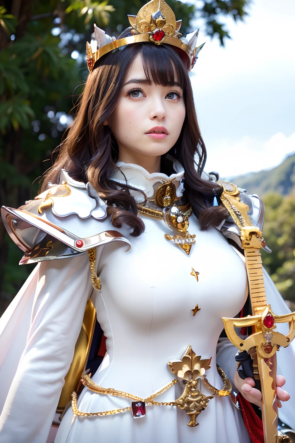 (masutepiece), Professional , masterpiece、top-quality、photos realistic , depth of fields ,(Wind element),close-up,dream magical,tornado,Lightning,(Gemstone Silver Jewel Body:1.9),(Matte White、Jewel Gold Weapon_(Metal:1.4),Gorgeous Jewel Metal Weapons , Detailed Sword of the Brave , Beautiful knife ,warhammer 40k , adepta sororitas,Detail and ornate jewel crown、Brown hair、Gangle's forest background、Beautiful Caucasian beauty、1a person、dynamic ungle,(((Detailed and ornate diamond crown)))、Particles of light、cleavage of the breast、