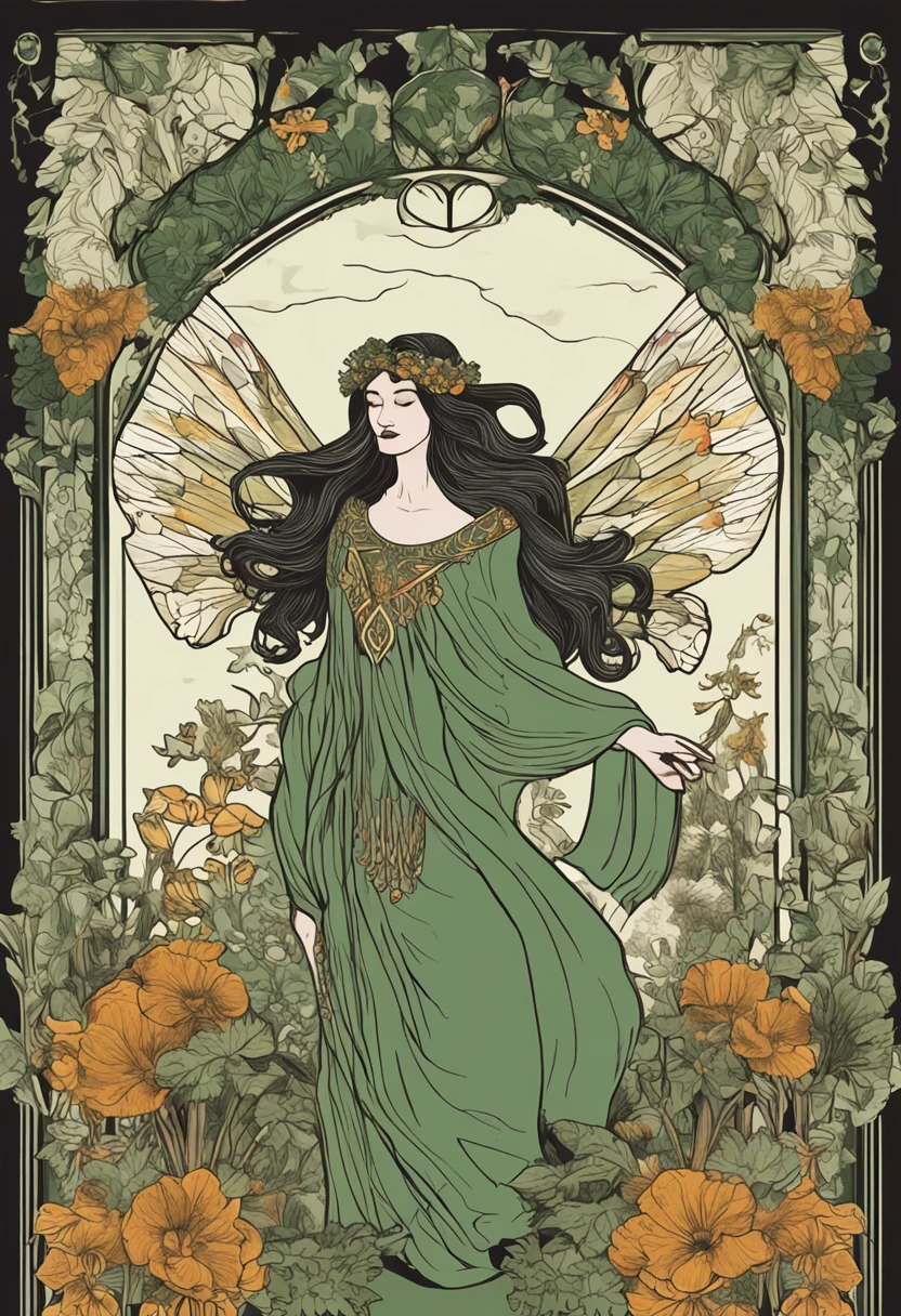 tmasterpiece，Need，Alphonse Mucha，in an art nouveau style，style de carte de tarot，Unique tarot card frame，A blend of floral and green elements，goddes，Straight long black hair，Green，An elegant dress inspired by nature，looking at viewert，Accessories include necklaces with flower and leaf designs，耳Nipple Ring，gyuru，bangle，hair adornments，In the garden，rays of sunshine，rosette、lilie、SakuraNS、iris compiet、foliage、Moss and vines，butterflys，birds，honeybee，Tarot card symbols reimagined with floral and green plant designs，ln the forest，Lakeside and other natural backgrounds，effective use of light and shadow，realisticlying，3d，8k