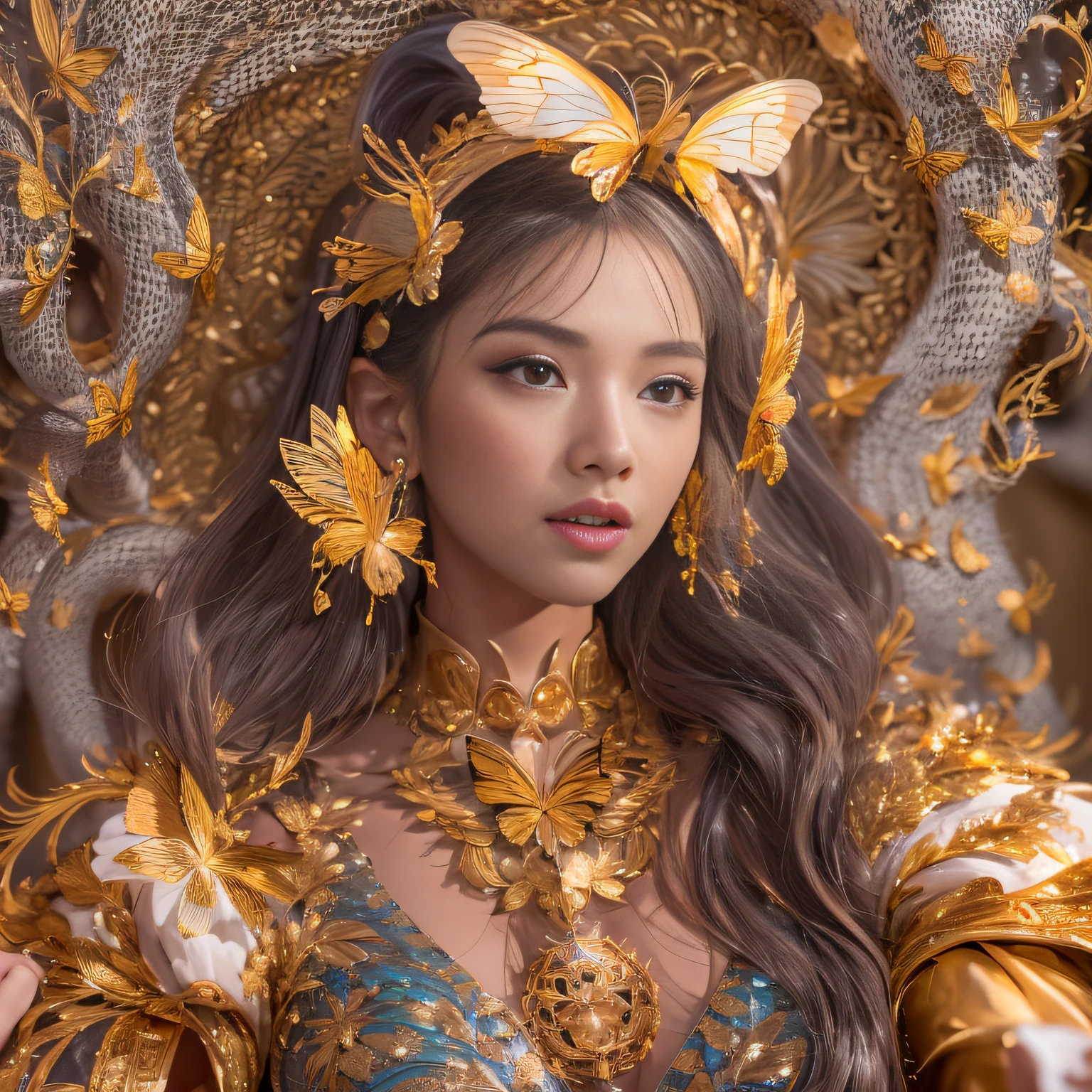 32K(tmasterpiece,k hd,hyper HD,32K)Short flowing light orange hair,Gold jewelry area in the back room,Women's Oversized Floor ,Silver Gold Dragon Protector (realisticlying:1.4),Python pattern robe,Purple-pink tiara,Golden foam flutters,Snow red marble background is pure,Hold your head high,Be proud,The nostrils look at people, A high resolution, the detail, RAW photogr, Sharp Re, Nikon D850 Film Stock Photo by Jefferies Lee 4 Kodak Portra 400 Camera F1.6 shots, Rich colors, ultra-realistic vivid textures, Dramatic lighting, Unreal Engine Art Station Trend, cinestir 800,Hold your head high,Be proud,The nostrils look at people,Short light orange hair,Linen vest,Impeccable,Exaggerated and unfounded feelings about one's own importance and talents (pompous). Focus on unlimited butterfly fantasies, influencer, power, information, Beauty, Or perfect love. Attributed to the special and unique,Only the highest quality people should be associated