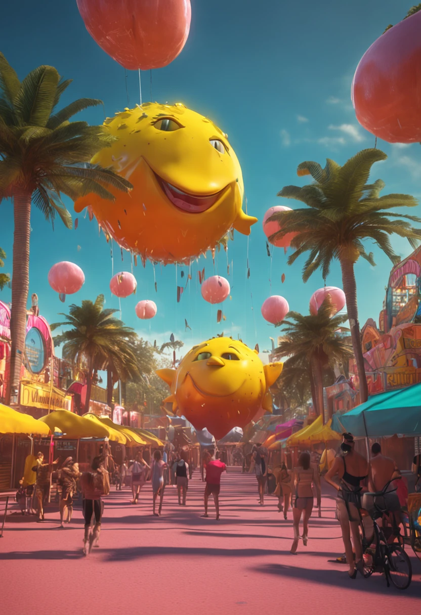 A realistic photo of a music festival with a giant Shiny Lemon with an entrance and people coming in