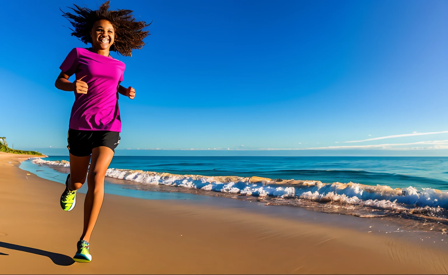 ager with green curly hair and brown eyes running on the beach by the sea