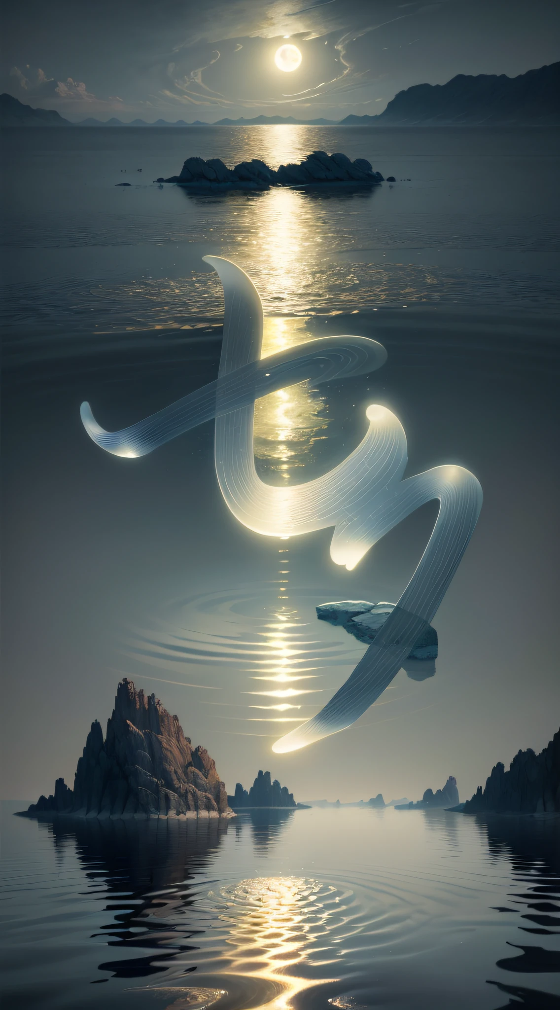Ripples on the surface of the water shiningby the moon,eruanshi,Rock,Award-winningworks,Surrealism,8K