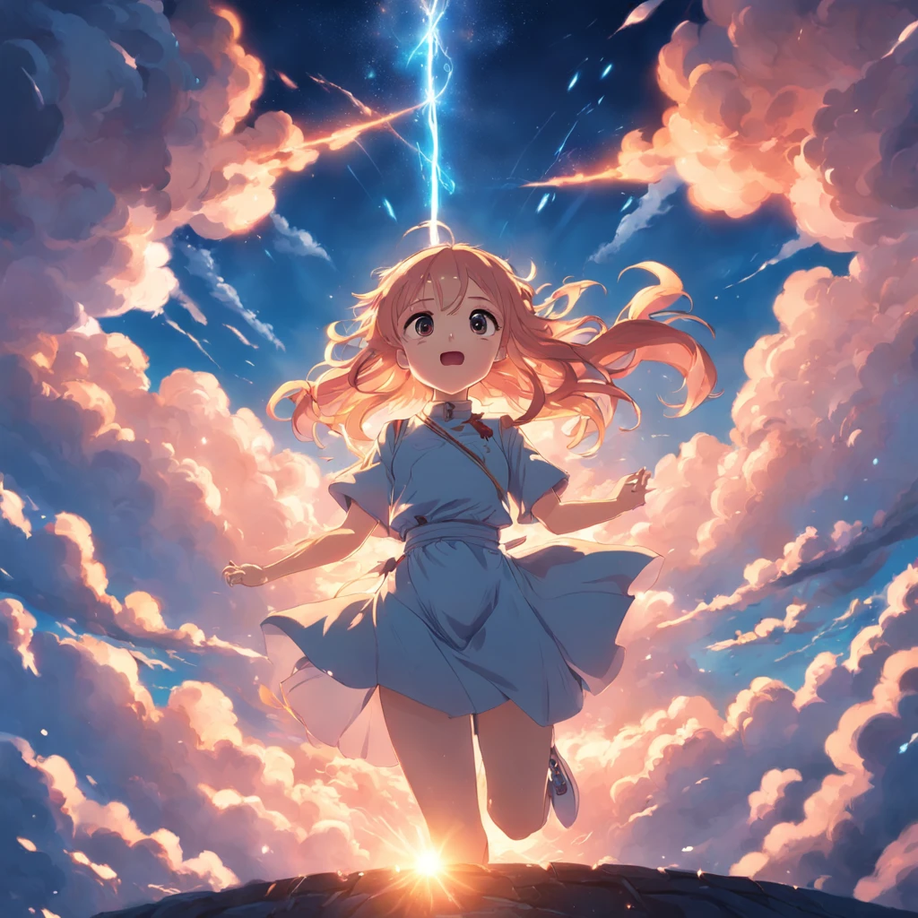 masterpiece, best quality, movie still, 1girl, cloud girl, floating in the sky, close-up, bright, happy, warm soft lighting, sunset, (sparks:0.7)
