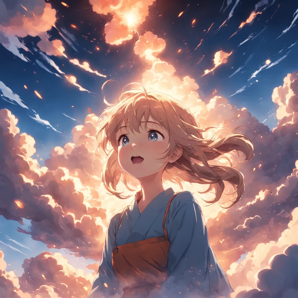 masterpiece, best quality, movie still, 1girl, cloud girl, floating in the sky, close-up, bright, happy, warm soft lighting, sunset, (sparks:0.7)