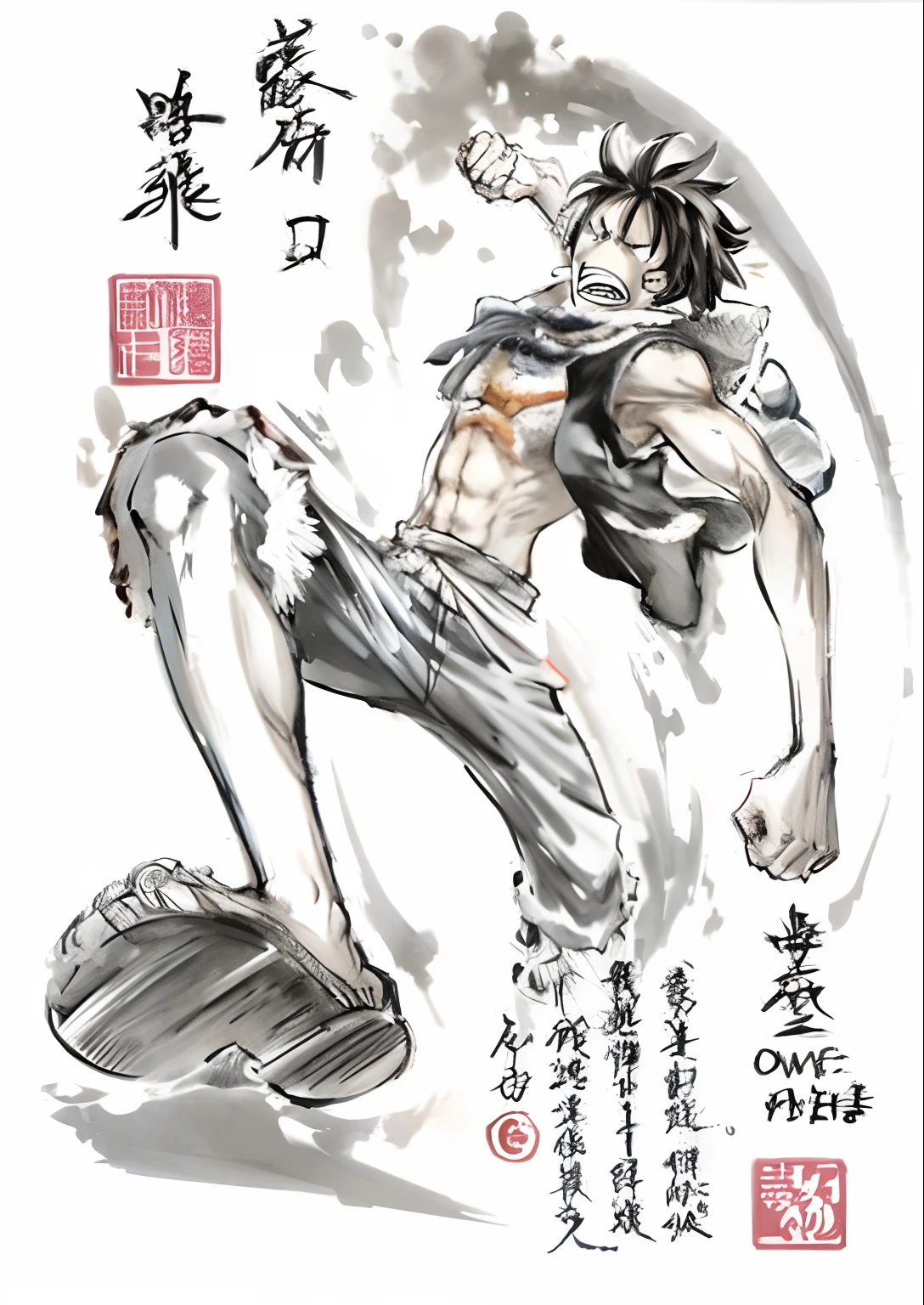 One painting and one in a suit,Man in tie holding a sword, Luffy, luffy gear 5, monkey d luffy, monkey d. Luffy, traditional japanese concept art, one piece art style, style of eiichiro oda, from one piece, author:by Yumihiko Amano, Luffy (One Piece, inspired by Eiichiro Oda, by amano, luffy from one piece